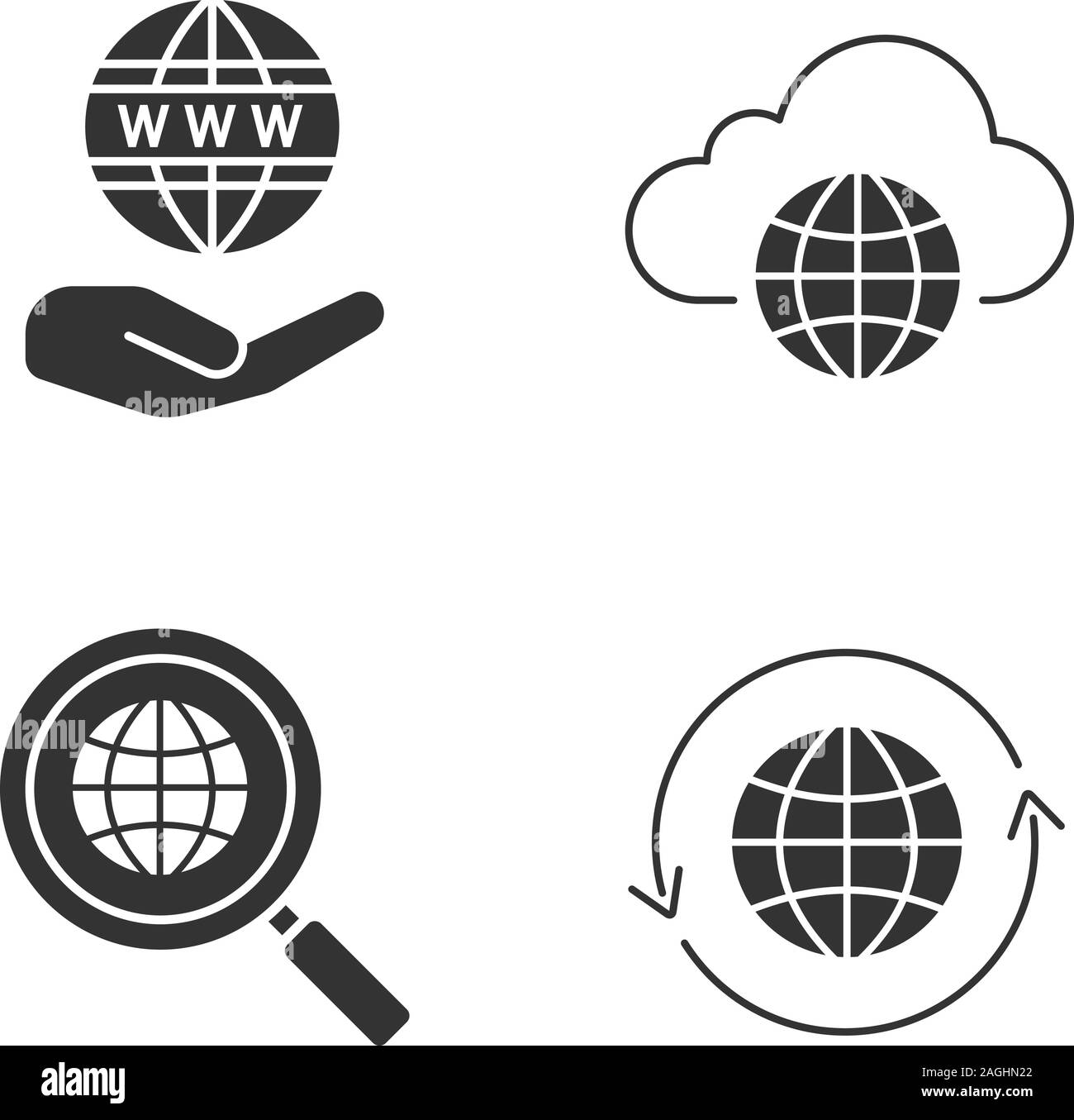 Glyphe icons set dans le monde entier. Symboles de Silhouette. Coffre-fort Connexion internet, cloud storage, recherche globale, globe avec flèche ronde. Vector isolated illustr Illustration de Vecteur