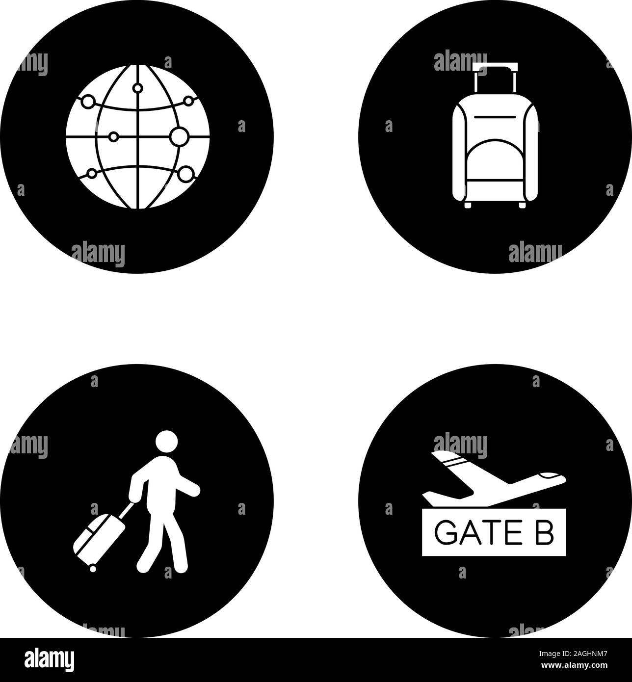 Airport service glyph icons set. Carte d'itinéraire, bagages, passager, porte de l'aéroport. Vector silhouettes blanc illustrations de cercles noirs Illustration de Vecteur