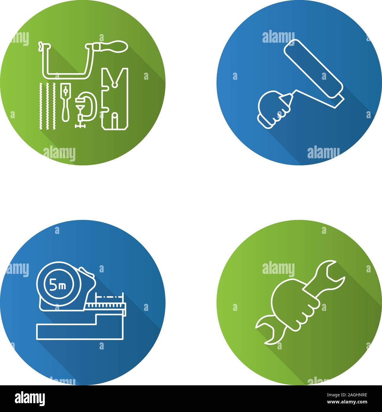 Outils de construction linéaire plat long shadow icons set. Scie de bijoutier, set rouleau à peindre, mètre, clé en main. Contour Vector illustration Illustration de Vecteur