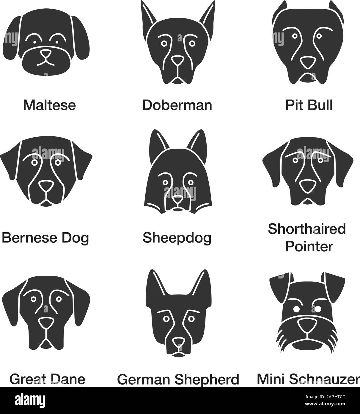 Chiens races glyphe icons set. Maltais, Doberman, pit bull, Chien de Berger, Oberland, Braque, dogue allemand, berger allemand, Mini Schnauzer nain. Sil Illustration de Vecteur