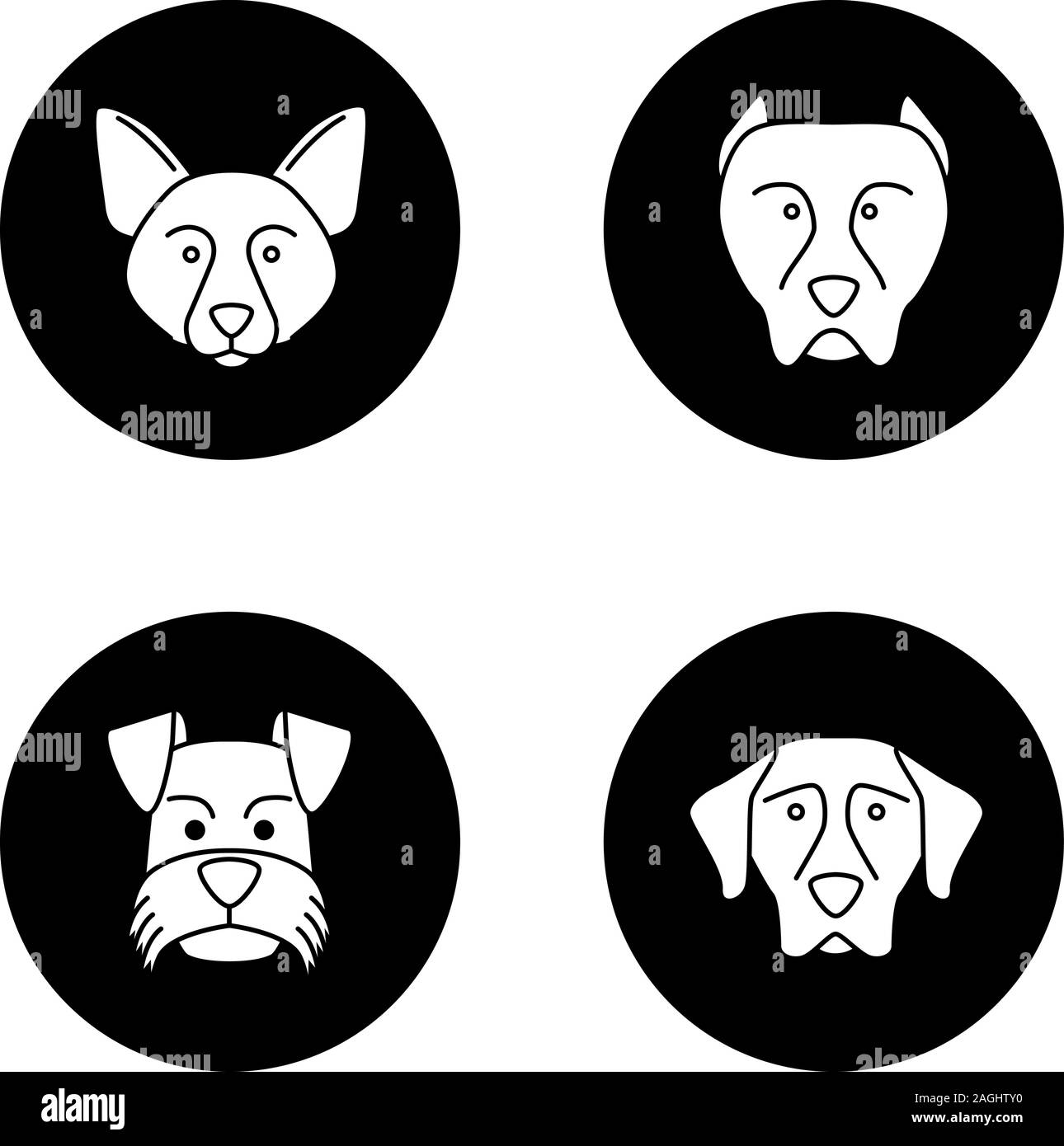 Chiens races glyphe icons set. Border Collie, pit bull, Schnauzer nain, Braque Allemand. Vector silhouettes blanches illustrations en noir Illustration de Vecteur