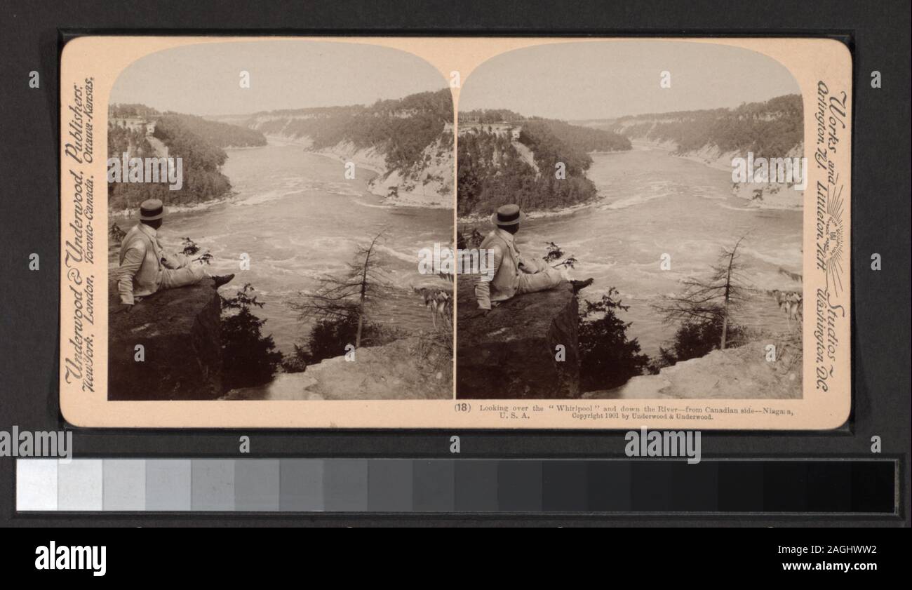 À la recherche d'un bain à remous et plus bas sur la rivière, du côté canadien, Niagara, USA Don de Mme George R. Collins, 1993. Titre du livret d'accompagnement. Livret contient des cartes. Elles sont numérotées : 1-18. Views of American, Luna et Horseshoe Falls, Maid of the Mist, les ponts, les touristes et les guides, et passage de Dixon sur une corde raide. ; à plus d'un bain à remous et en aval de la rivière, à partir de la partie canadienne, Niagara, États-Unis) ; Banque D'Images