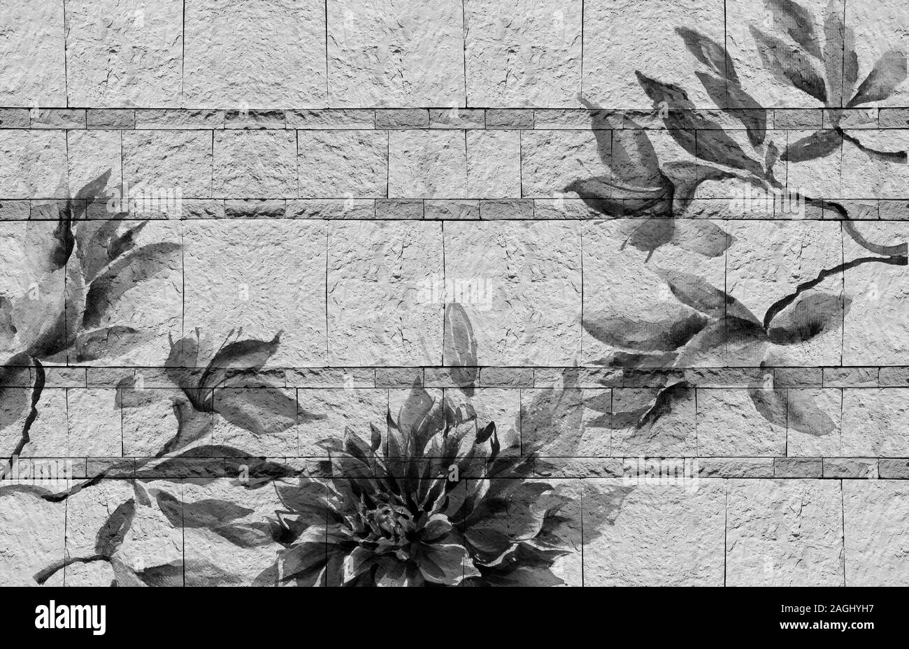 Texture de fond 3d, des fleurs sur du calcaire, noir et blanc. Texture Grunge Banque D'Images