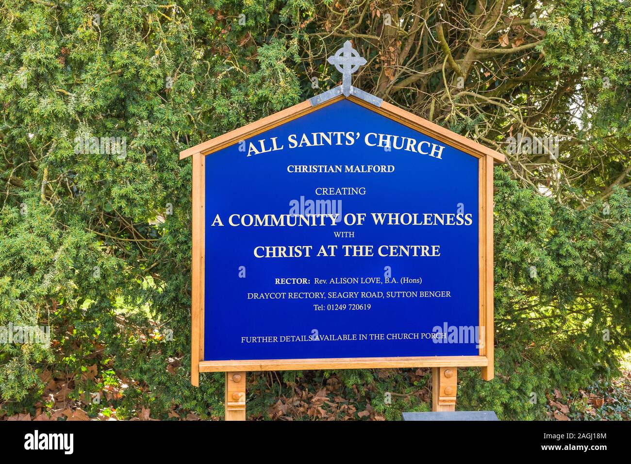 Conseil d'identification donnant les détails de l'église All Saints dans Christian Malford près de Chippenham dans Wiltshire England UK Banque D'Images
