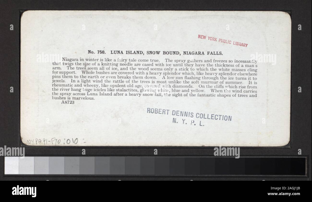Luna Island, snow bound, Niagara Falls comprend six vues colorés à la main. Robert Dennis Collection de vues stéréoscopiques. Certains points de vue ont un timbre apposé. Titre conçu par cataloger. Vue sur les chutes du Niagara sans attribution ou titre de la série. Vues de Niagara Falls : chutes, rapides, Table Rock, vues d'hiver, ponts, Terrepin Tower, hôtels, les touristes se faisant passer par des chutes, une seule vue de prospect point avec deux chaises vides ; y compris les funambules Blondin sur son dos, baissant la tête à l'envers, et une vue sur des bateaux amarrés à la berge, au-delà de la ville. ; Luna Island, snow bound, Niagara Falls. ; Banque D'Images