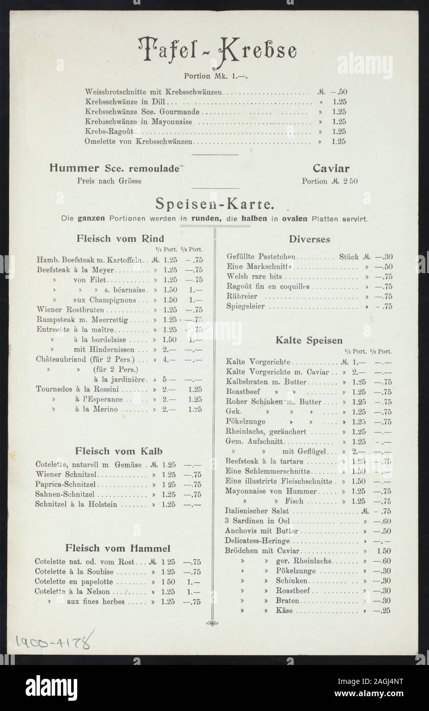 Allemand ; TABLE D'HÔTE ET MENUS À LA CARTE, chaud & froid spécialités