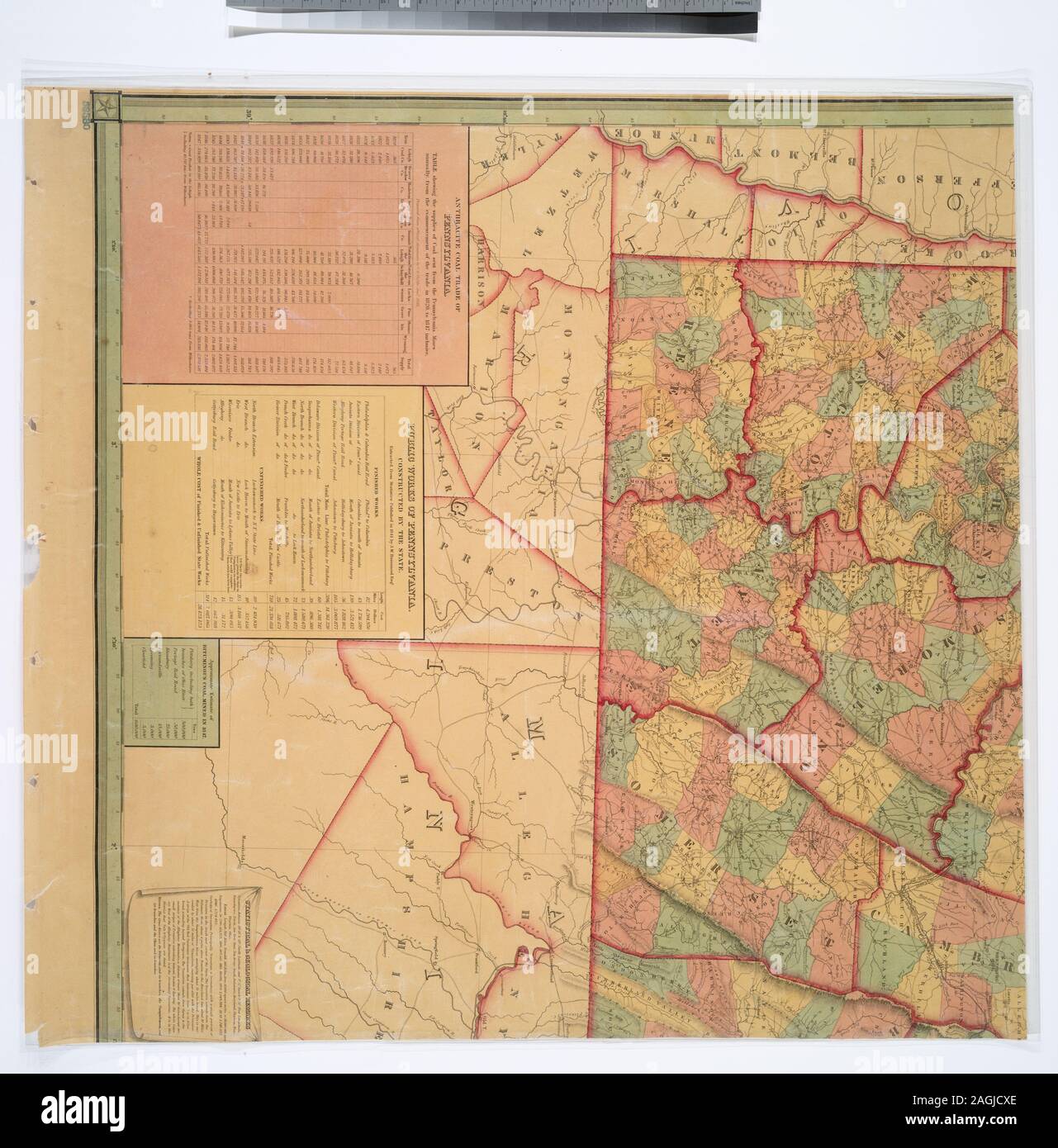 Approuvé par le conseil du comté de Philadelphie, sous l'autorité de l'assemblée législative. Entré en fonction d'une loi du Congrès, dans l'année 1848, par R. L. Barnes, commis dans le bureau de la Cour de District des États-Unis dans et pour le District Est de la Pennsylvanie. Comprend des tableaux pour le commerce du charbon, les travaux publics et les statistiques de la population de tous les comtés. Inclut également les textes et malade. National Endowment for the Humanities pour accorder l'accès à des cartes de la région du littoral atlantique. Illustré par hachures de secours. Montre les limites des villes, canaux, chemins de fer, et a proposé des chemins de fer. Citation/Référence : Banque D'Images