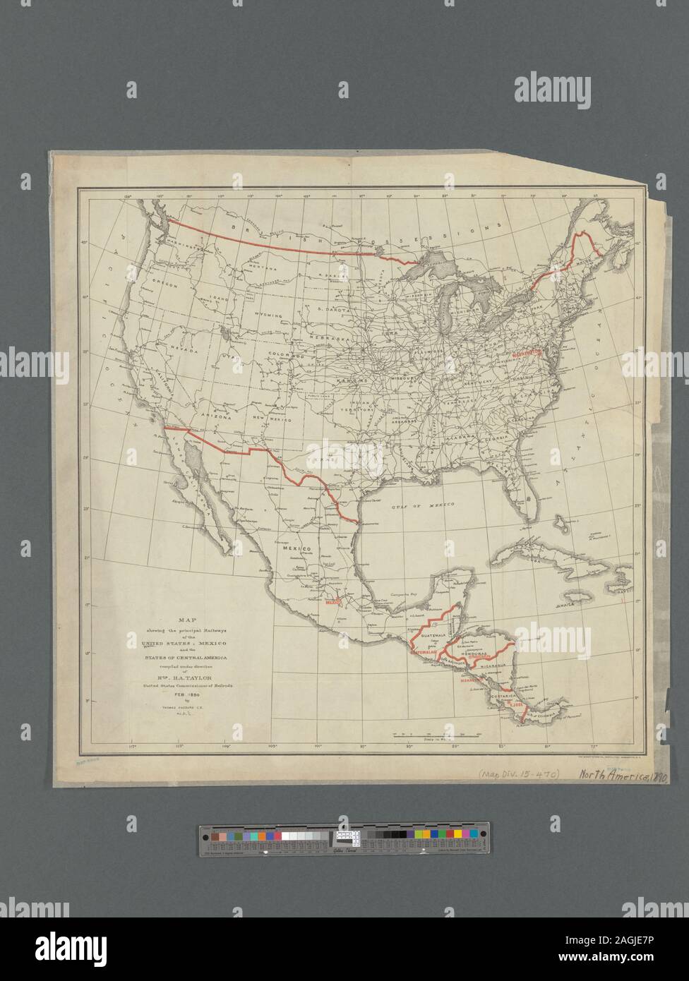 D'environ 1:12 000 000 W (129°--W 63°/N 51°--N 8°) Cartographie de la Nation (NEH, 2015-2018) ; Carte montrant les principaux chemins de fer des États-Unis, le Mexique et les États-Unis d'Amérique centrale Banque D'Images