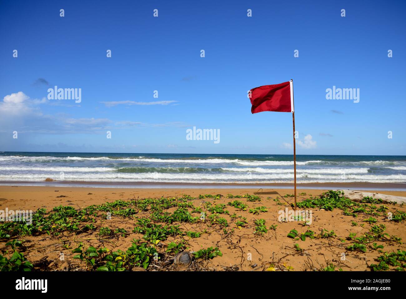 Drapeau rouge, plage et surf, ciel bleu, mer des Caraïbes Banque D'Images