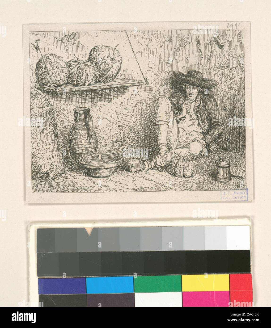 Holdings contrôlés à l'exemplaire de l'Oeuvre de Ch. Jacque catalogue de ses eaux-fortes et pointes sèches / dressé par J.J. Guiffrey. Fait partie d'eaux-fortes et pointes sèches par Charles Jacque dans Samuel Putnam Avery Collection. Citation/Référence : G299(I/II) ; Marchand de melons. Banque D'Images