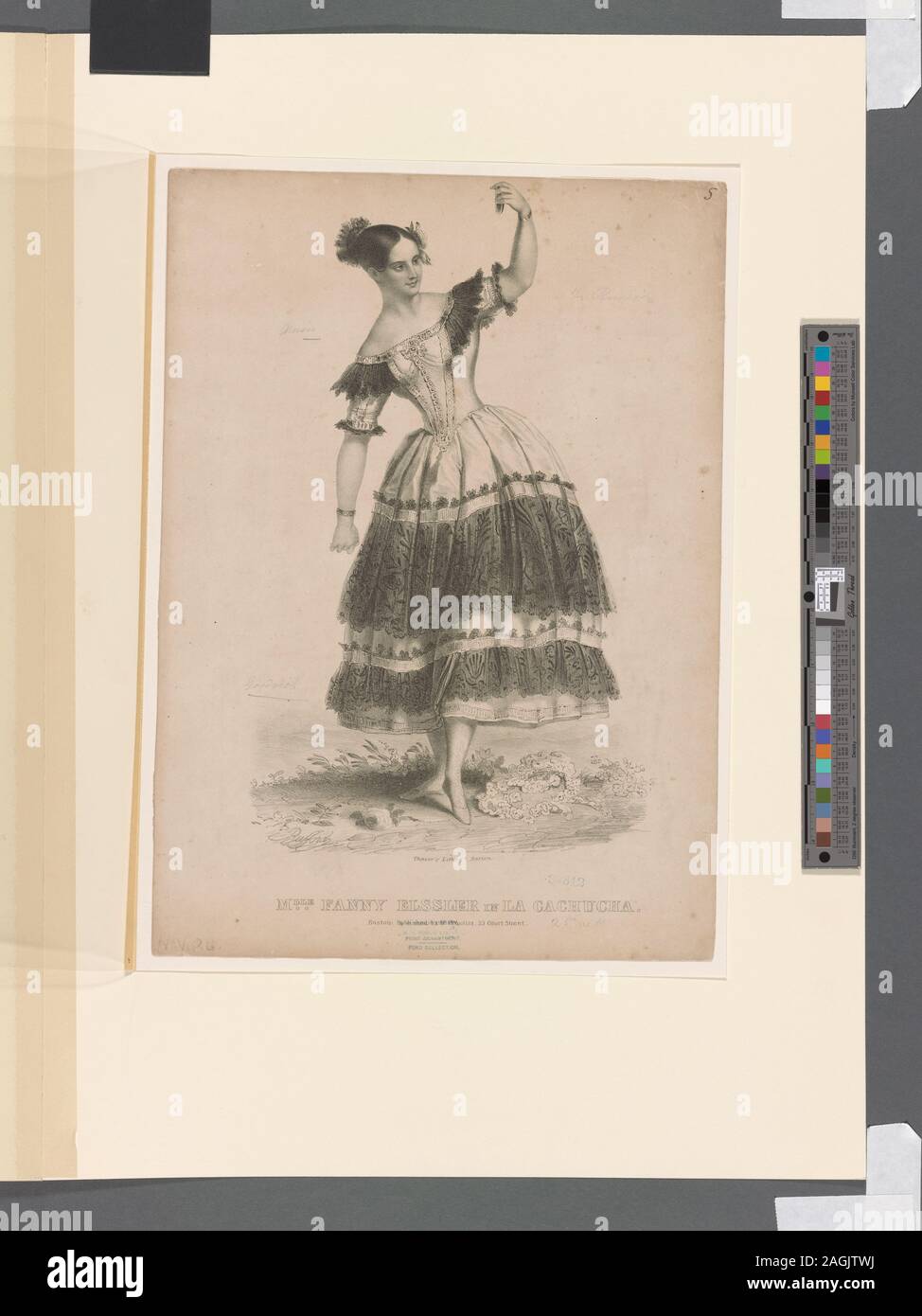 Partitions : Elssler légèrement à gauche, à droite, pied gauche en avant, bras gauche panneaux au niveau des épaules, holding castagnettes. ; Mlle. Fanny Elssler dans La cachucha. Banque D'Images