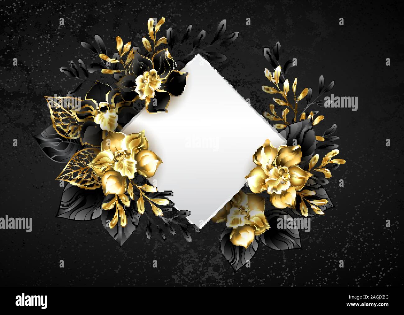 Bannière blanche en forme de losange, décoré de noir et d'or, orchidées bijoux avec des brindilles sur fond texturé. Illustration de Vecteur