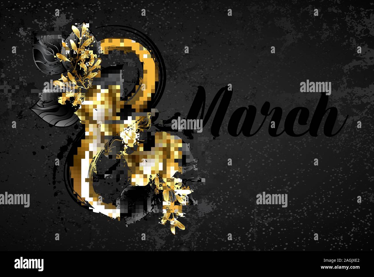 Le nombre huit décorée de noir et d'or sur fond texturé d'orchidées. Bonne Journée de la femme. Illustration de Vecteur