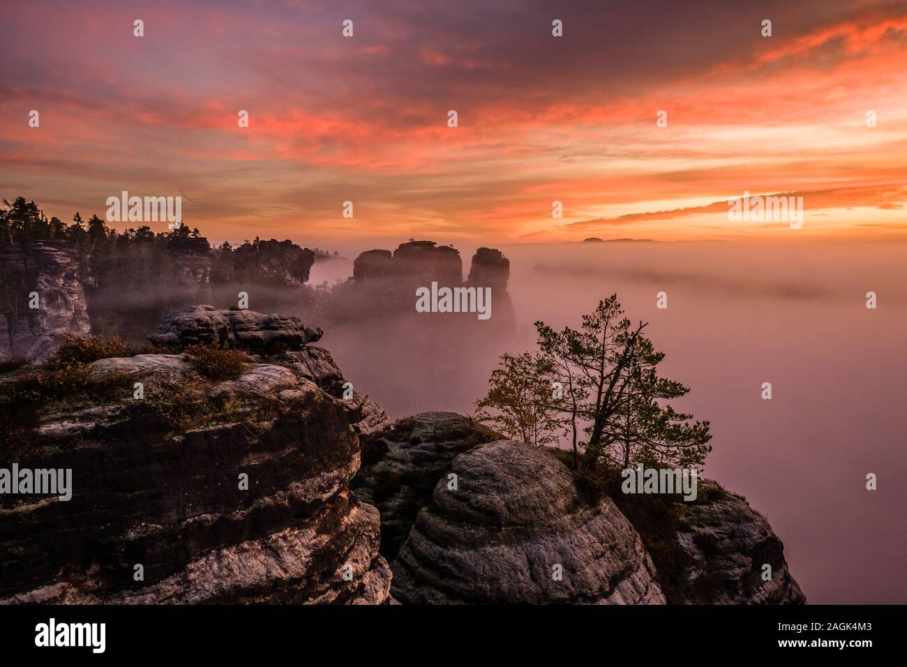 Lever du soleil sur les couleurs des sommets rocheux du parc national Suisse Saxonne, un brouillard épais couvre la vallée de l'Elbe Banque D'Images