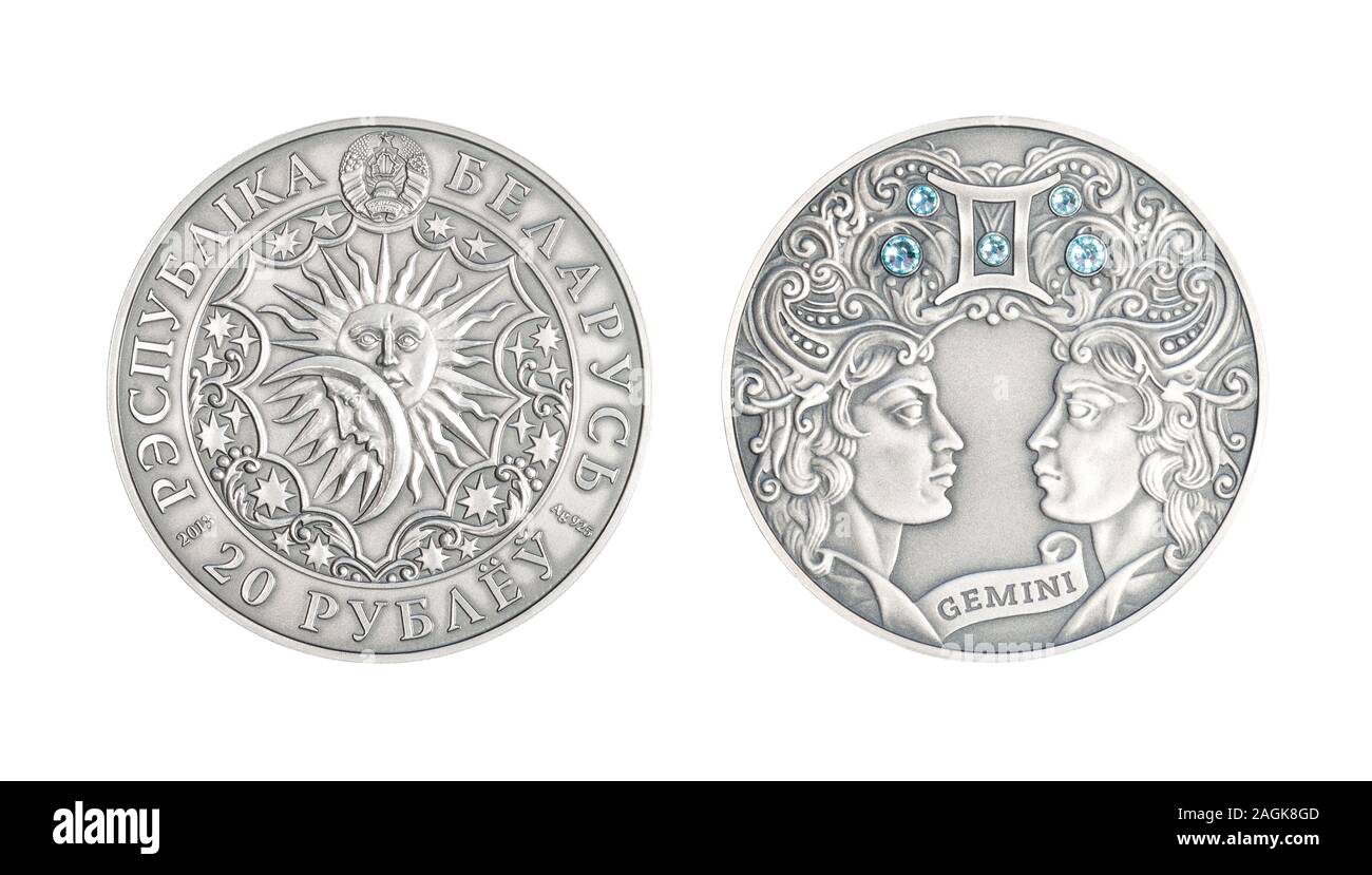 Pièce en argent 20 roubles Bélarus signe astrologique gémeaux Banque D'Images