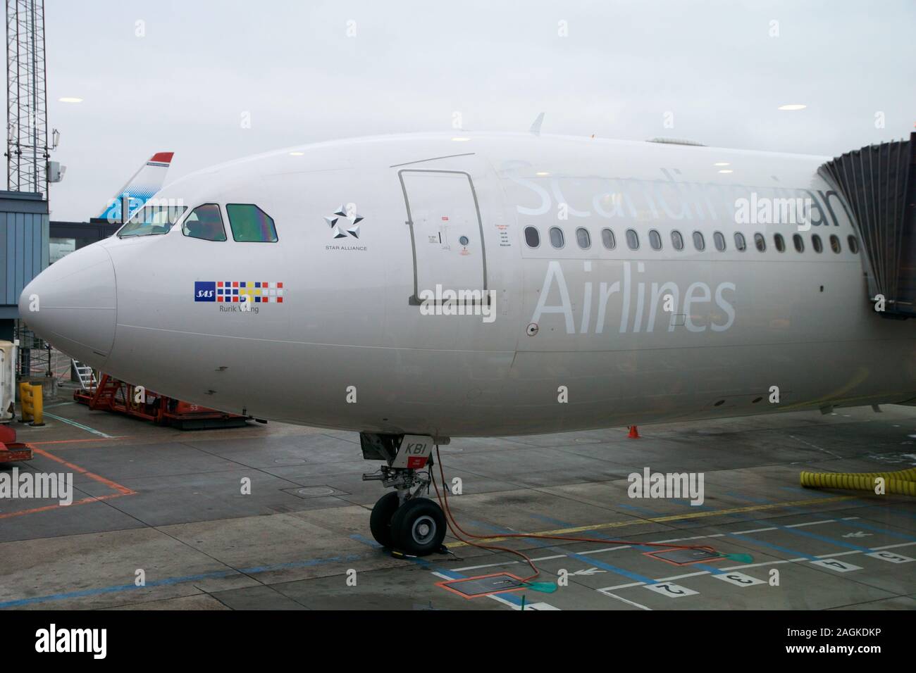 Copenhague, Danemark - Nov 24th, 2018 : SAS Airbus A340 à la porte d'embarquement de l'aéroport Kastrup de Copenhague avant de partir à USA Banque D'Images