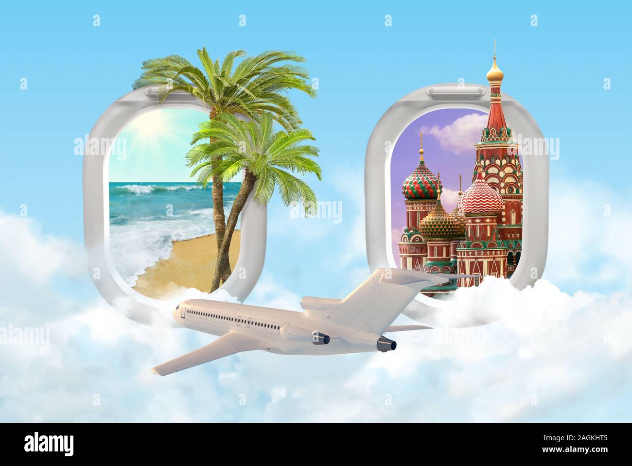 Travel concept de palmiers tropicaux océan plage et la cathédrale Saint-Basile de Moscou avec l'avion de passagers. Voir l'avion de windows. Technique mixte. Banque D'Images