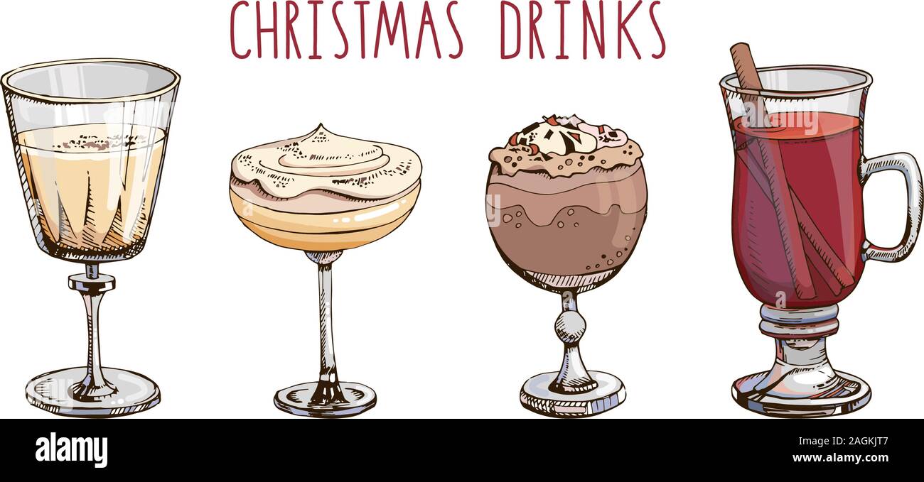 Ensemble de Noël populaires boissons isolé sur blanc. Les images colorées de l'hiver, les boissons et cocktails. Chocolat chaud, lait, vin chaud Illustration de Vecteur