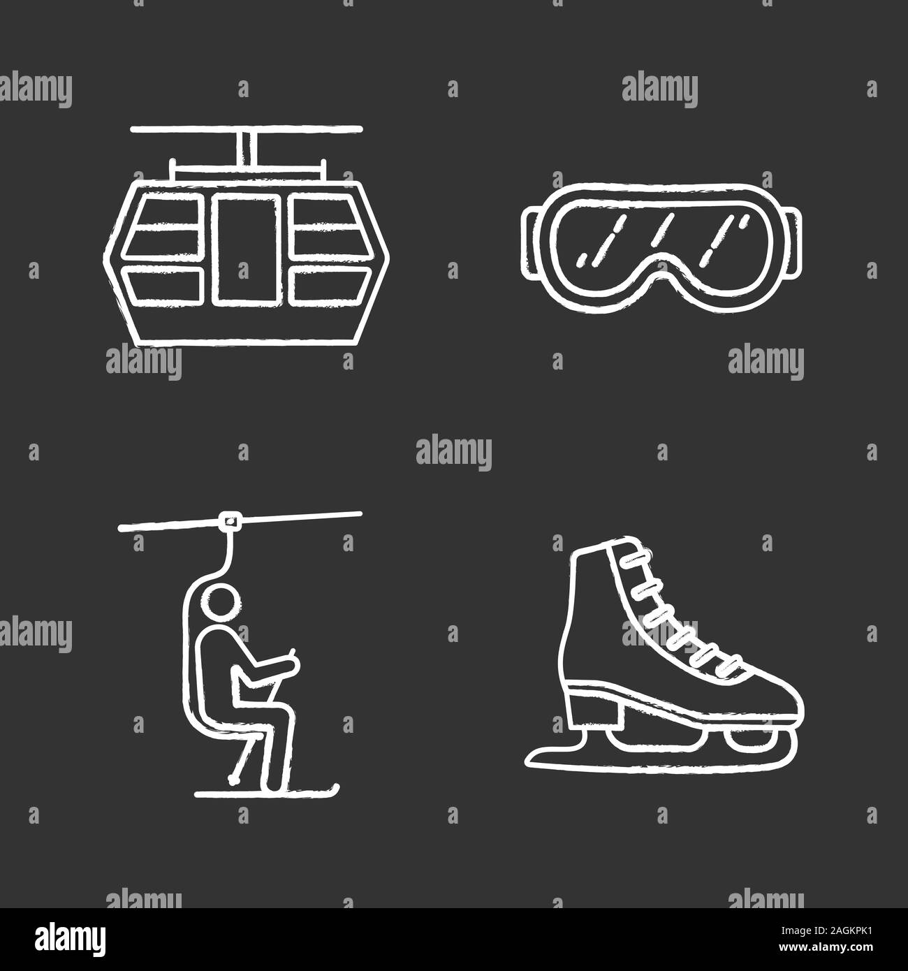 Activités d'hiver la craie icons set. Funiculaire, lunettes de ski, télésiège, patin à glace. Illustrations vectorielles chalkboard Illustration de Vecteur