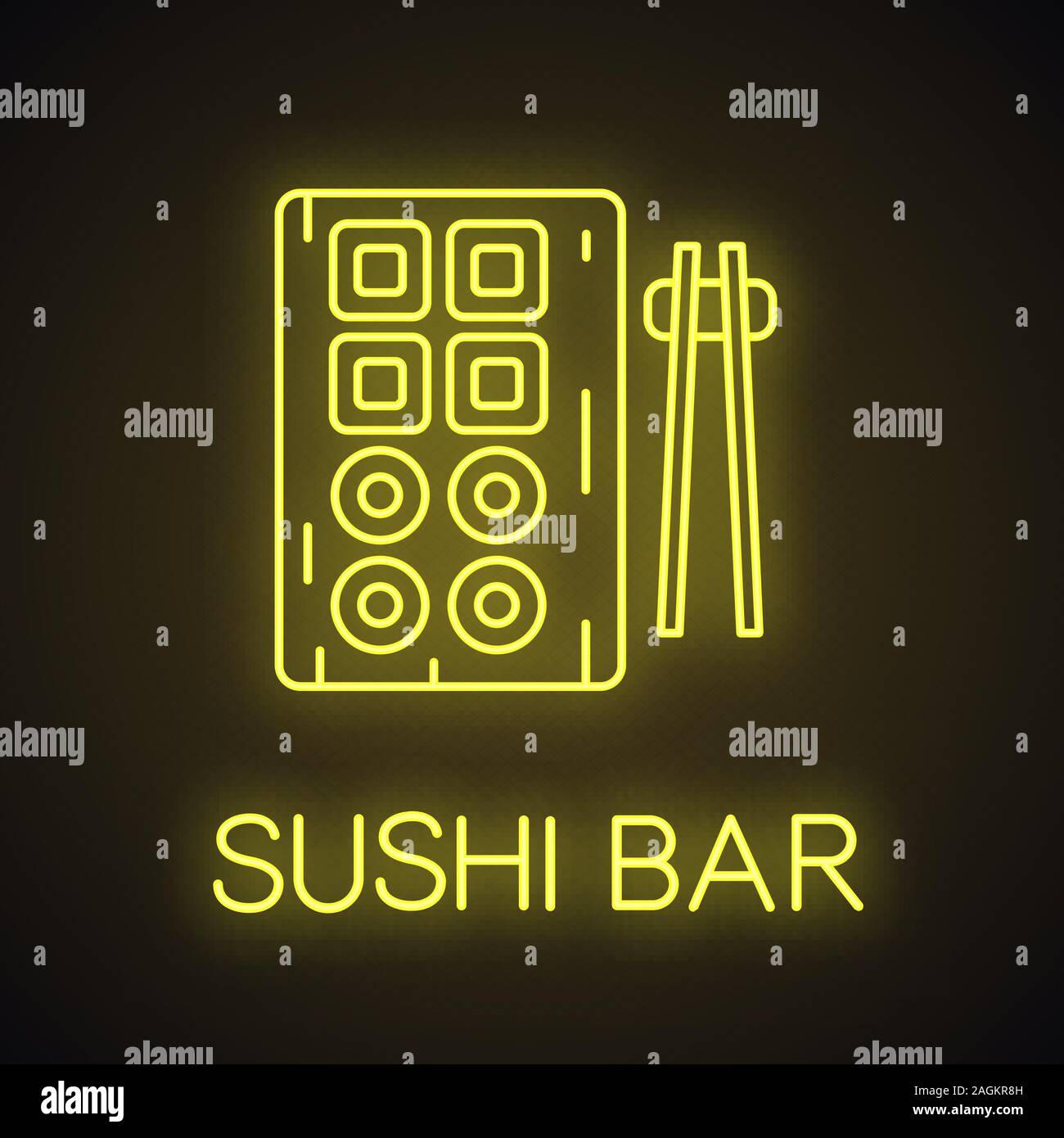Des sushis et des baguettes neon light icône. Sushi bar signe rougeoyant. Vector illustration isolé Illustration de Vecteur