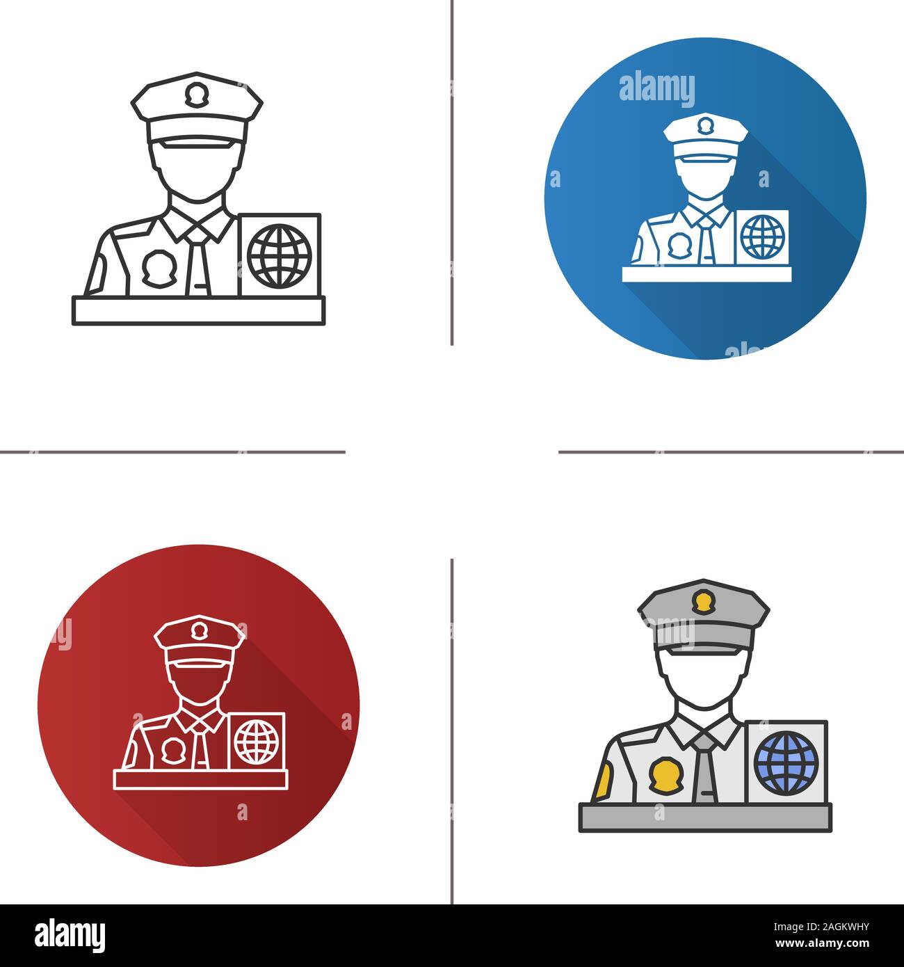 Agent de contrôle des passeports. La protection des frontières. Modèle plat, linéaire et de couleurs. Illustrations vectorielles Illustration de Vecteur