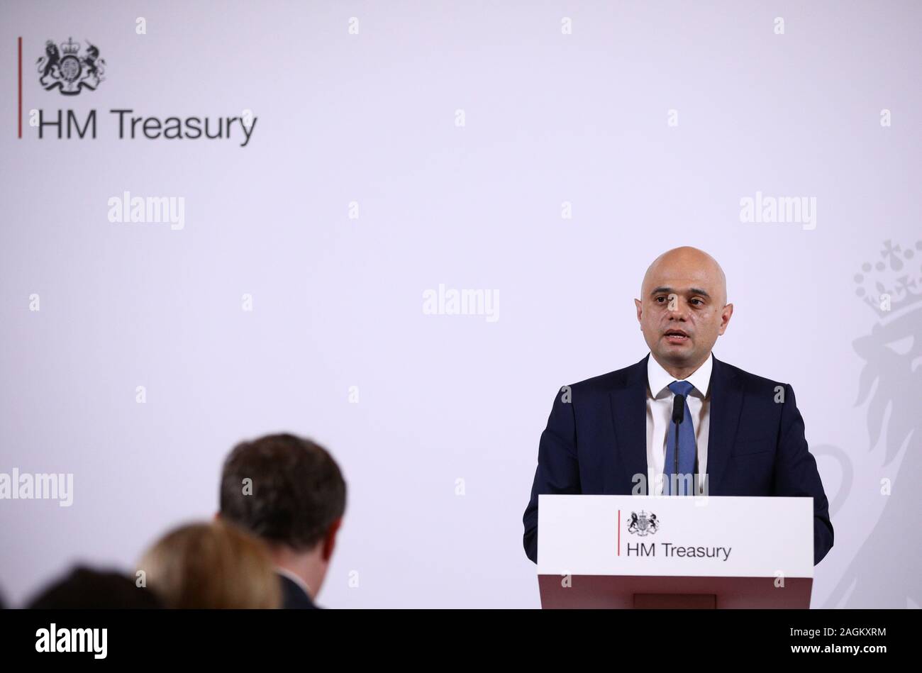 Chancelier de l'Échiquier Sajid Javid publie une déclaration au Trésor public de Londres comme il l'annonce Andrew Bailey, le chef de la Financial Services Authority, au poste de gouverneur de la Banque d'Angleterre. Banque D'Images