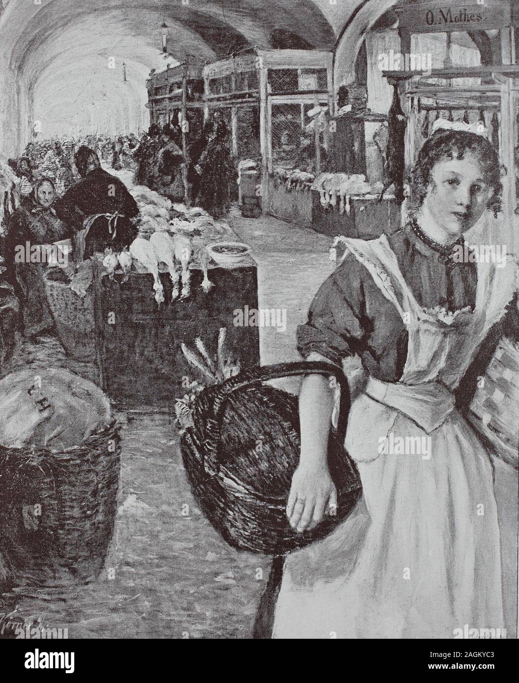 Woman shopping au marché couvert à Dresde, Allemagne, tirage original de l'année 1899, Frau, die am Marktsaal à Dresde, Allemagne, von Originalvorlage einkauft, Reproduktion aus dem 19. Jahrhundert, OECD numérique Banque D'Images