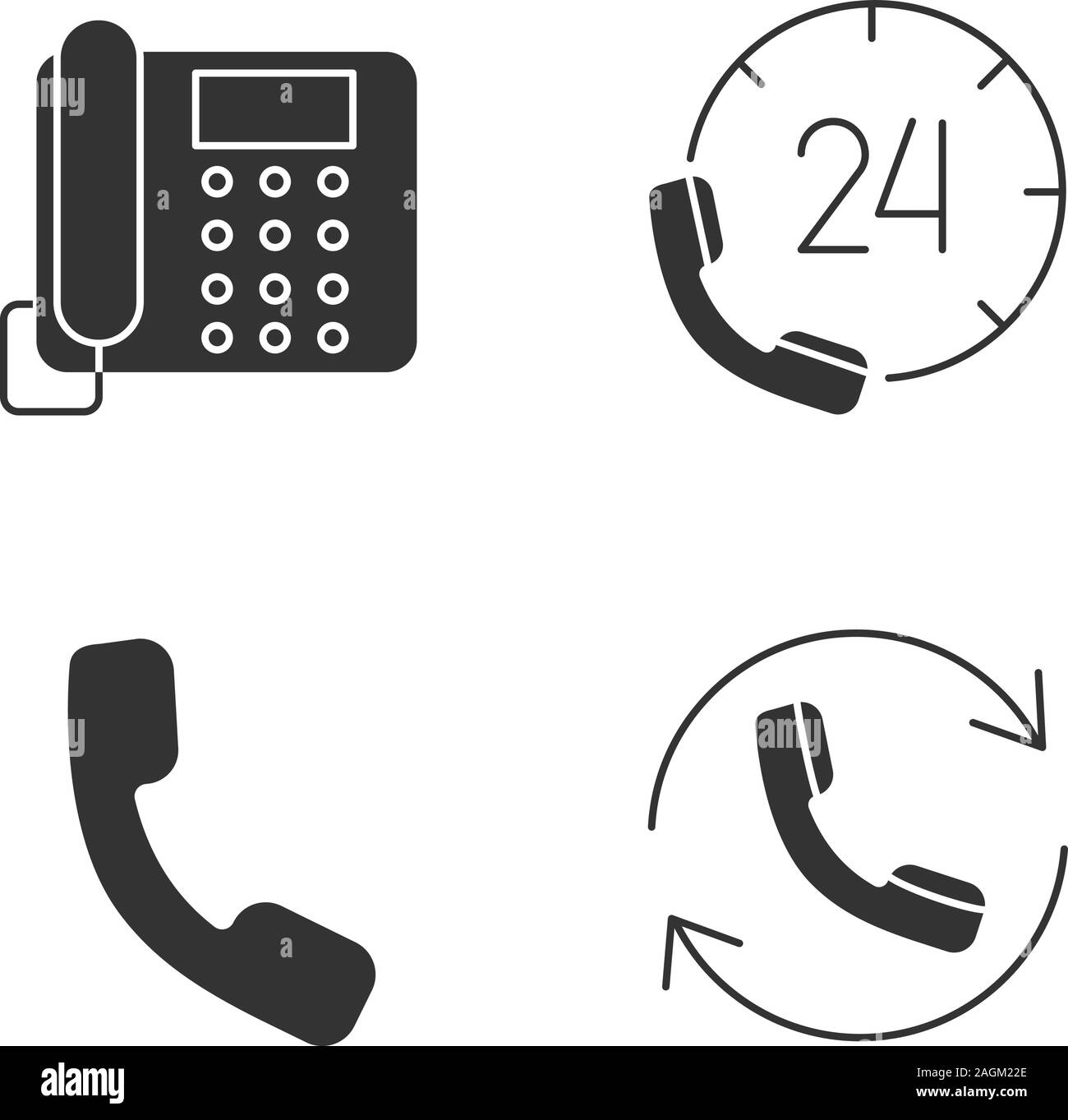 Glyphe de communication téléphonique icons set. Téléphone fixe, hotline, combiné, appelant. Symboles de Silhouette. Vector illustration isolé Illustration de Vecteur