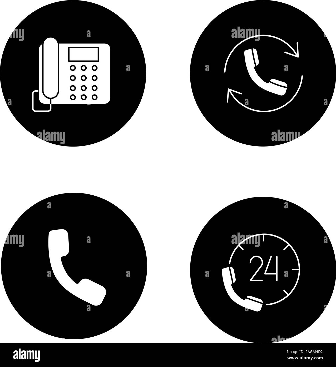 Glyphe de communication téléphonique icons set. Téléphone fixe, hotline, combiné, appelant. Vector silhouettes blanc illustrations de cercles noirs Illustration de Vecteur