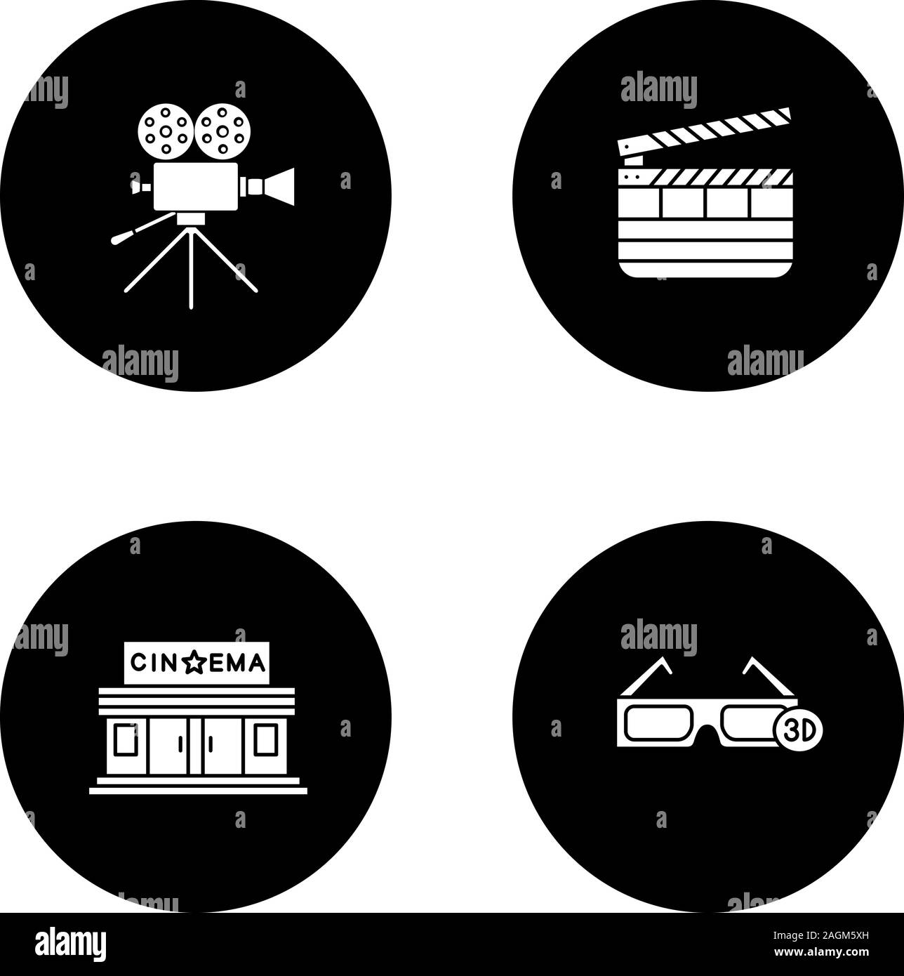 Glyphe de cinéma icons set. Caméra vidéo, cinéma, lunettes 3D, COCOON. Vector silhouettes blanc illustrations de cercles noirs Illustration de Vecteur