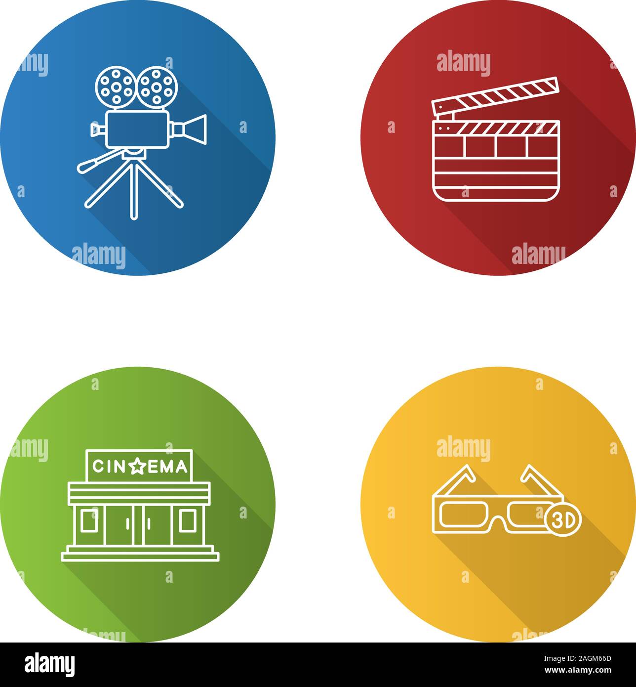 Télévision Cinéma long shadow linéaire icons set. Caméra vidéo, cinéma, lunettes 3D, COCOON. Contour Vector illustration Illustration de Vecteur