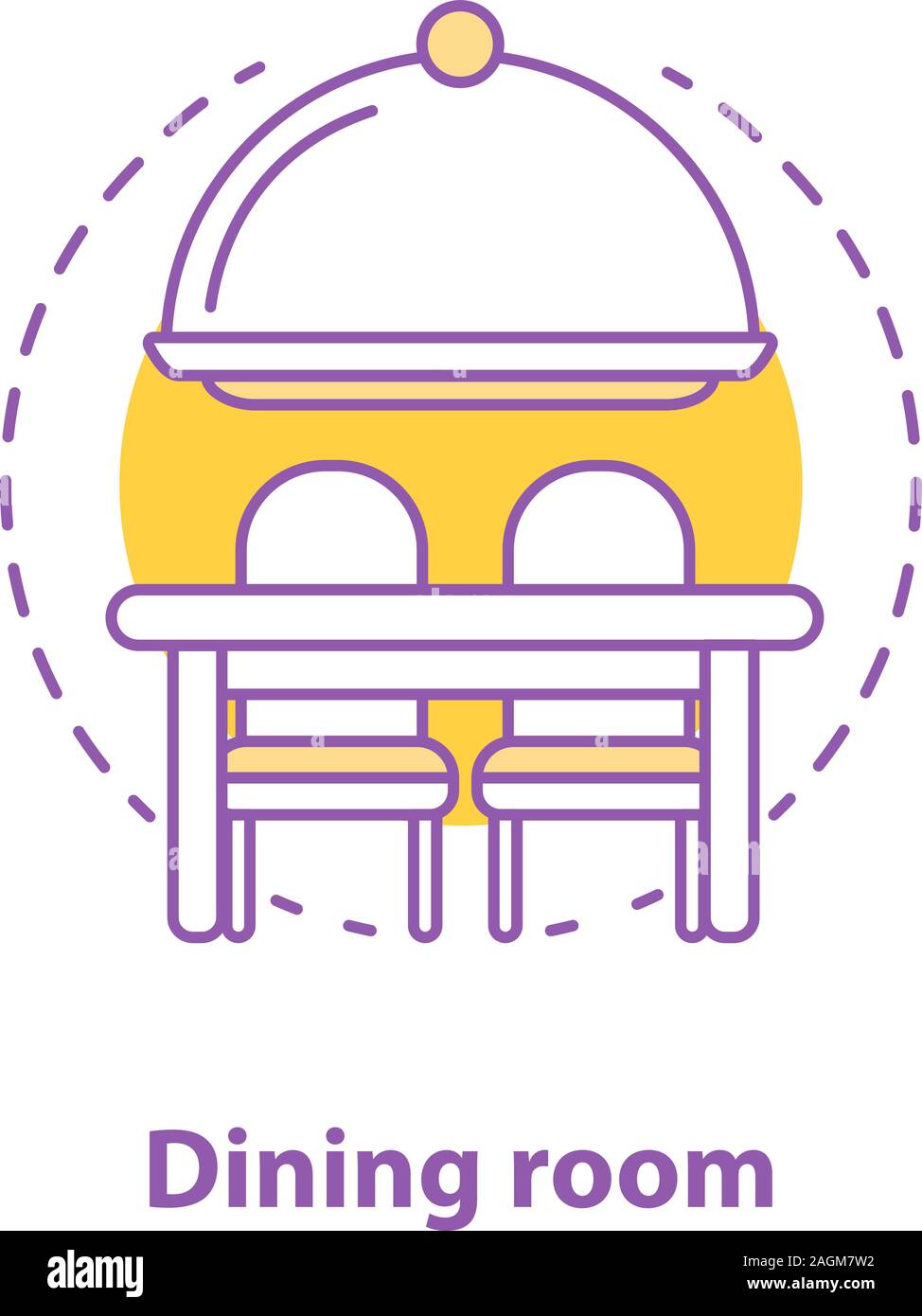 Concept de salle à icône. Le temps de manger idée fine ligne illustration. Bac avec couvercle, table et chaises. Dessin vectoriel aperçu isolés Illustration de Vecteur