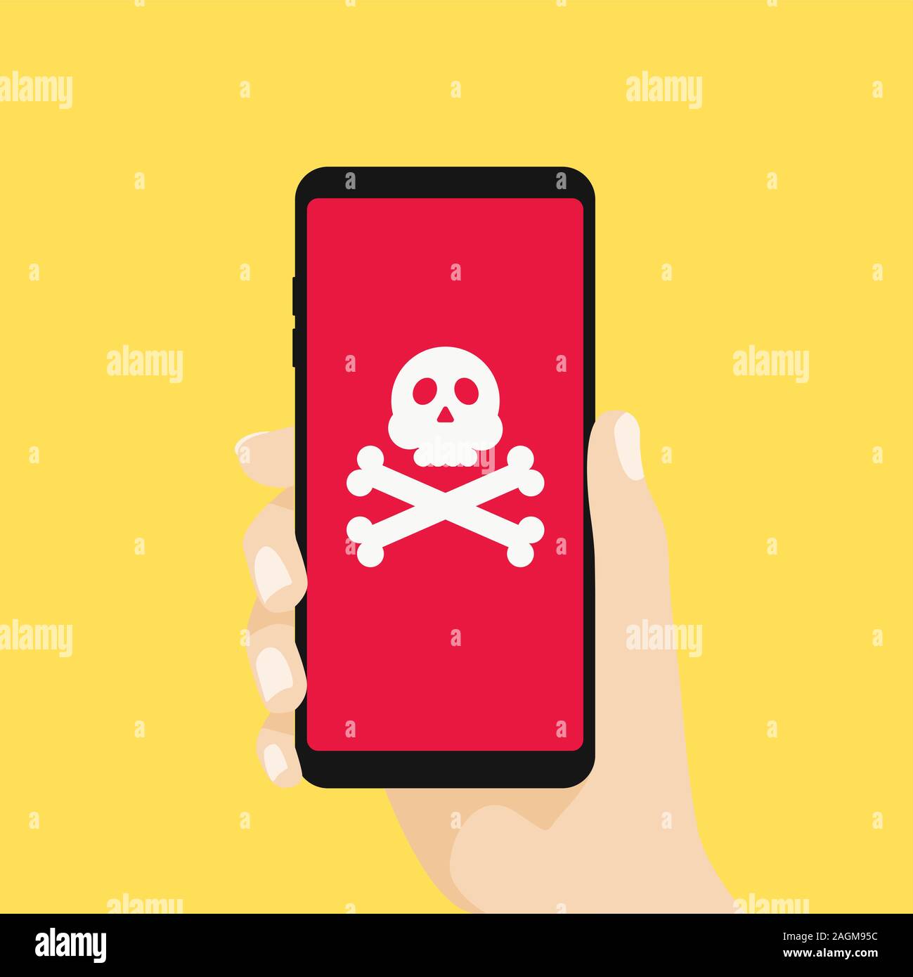 Hand holding smartphone avec bulle et tête de mort à l'écran. Illustration de Vecteur