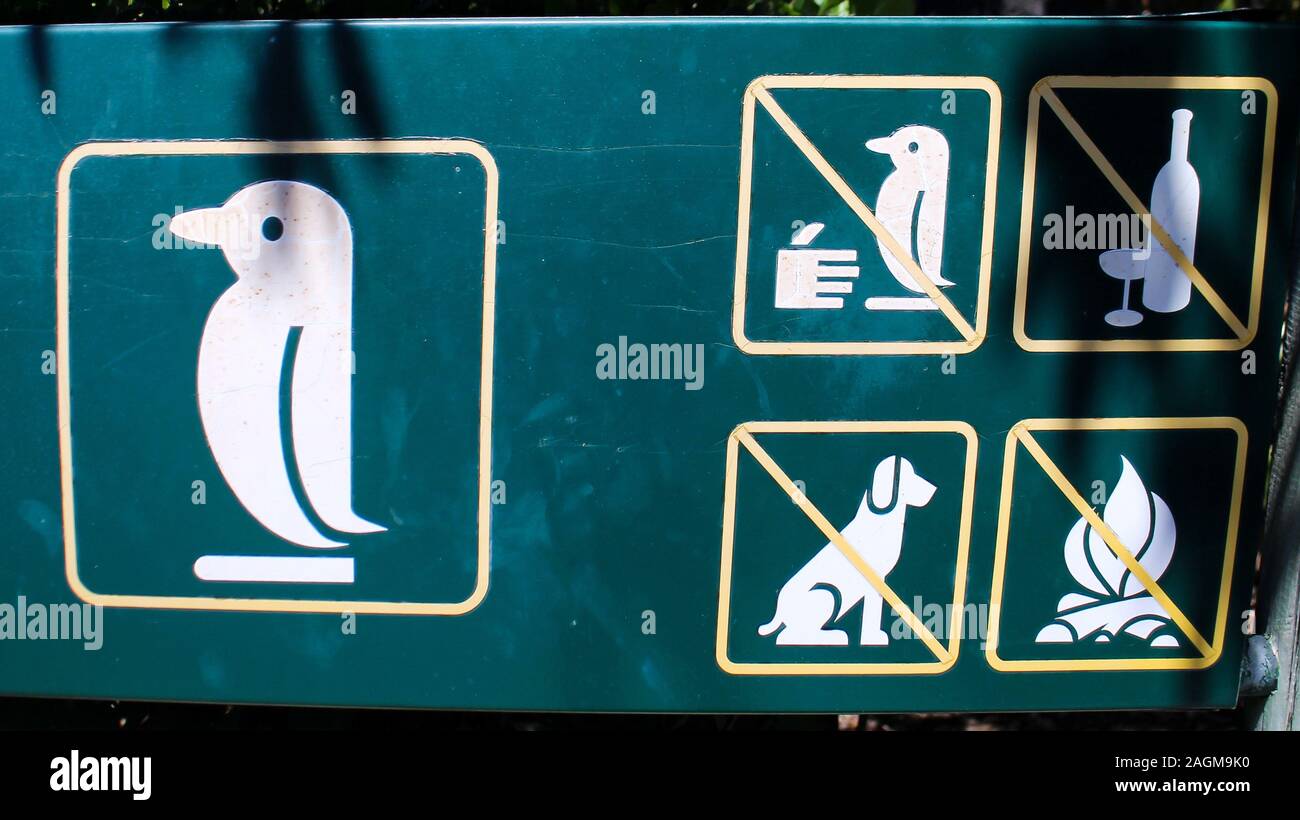 Panneau d'avertissement avec une icône qui met en garde contre les pingouins de Boulders Beach, la ville de Simon, près du Cap, Afrique du Sud. Banque D'Images