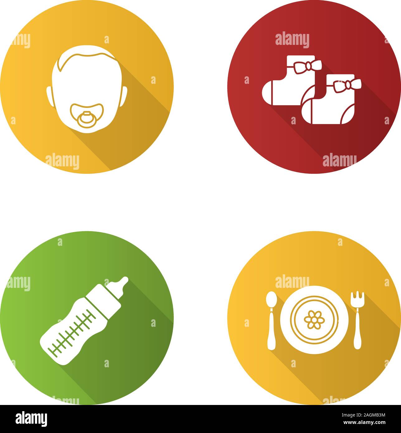 Design plat garde d'ombre portée de l'ensemble des icônes de glyphe. Baby face avec sucette dans la bouche, chaussettes, fille de la plaque, de biberons, fourchette et cuillère. Vector silhoue Illustration de Vecteur