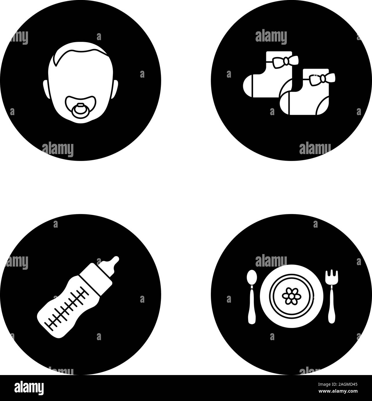 Glyphe de garde d'icons set. Visage de bébé avec tétine, biberon, chaussettes fille, enfant assiette, fourchette et cuillère. Silhouettes blanches dans les illustrations vectorielles Illustration de Vecteur