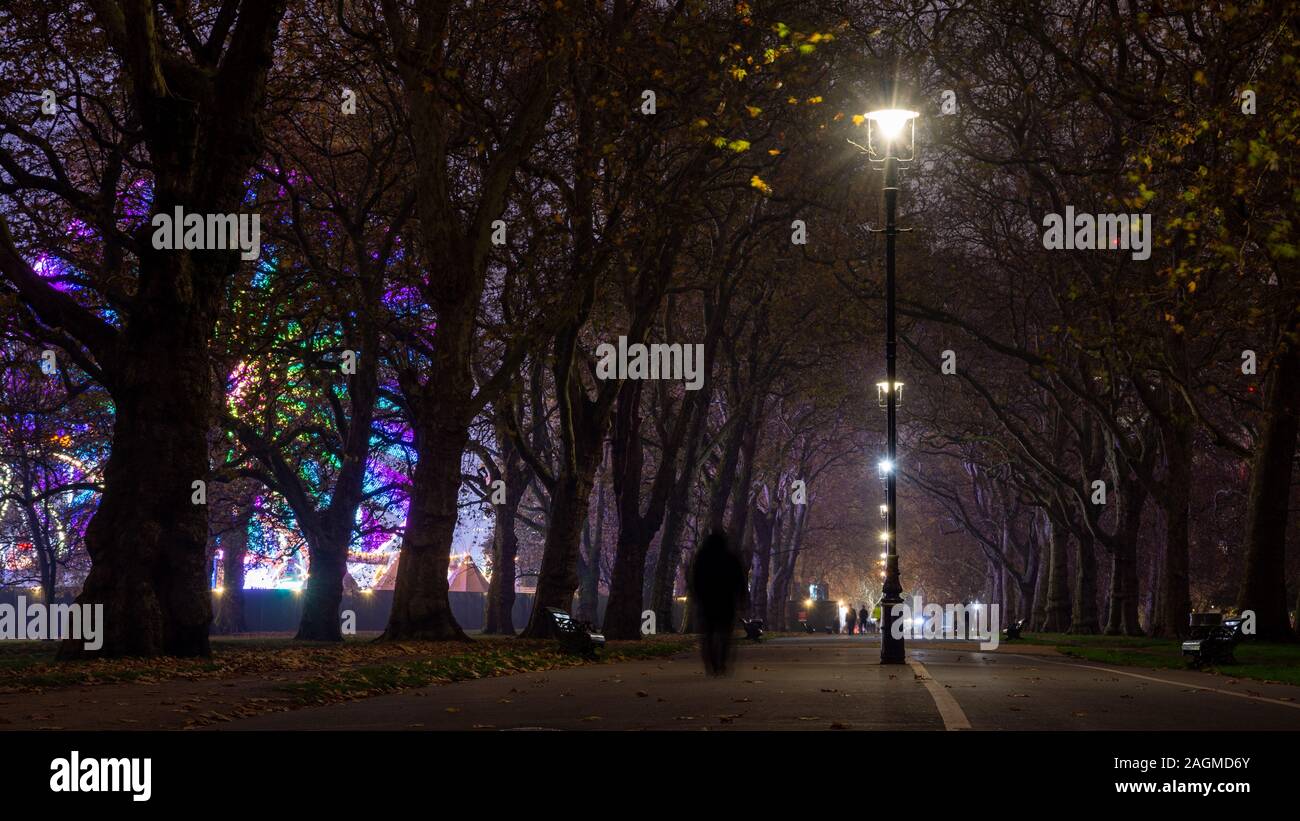 Londres, Angleterre, Royaume-Uni - 21 novembre 2019 : les gens marcher dans une avenue d'arbres le long du chemin Broadwalk dans Hyde Park la nuit. Banque D'Images