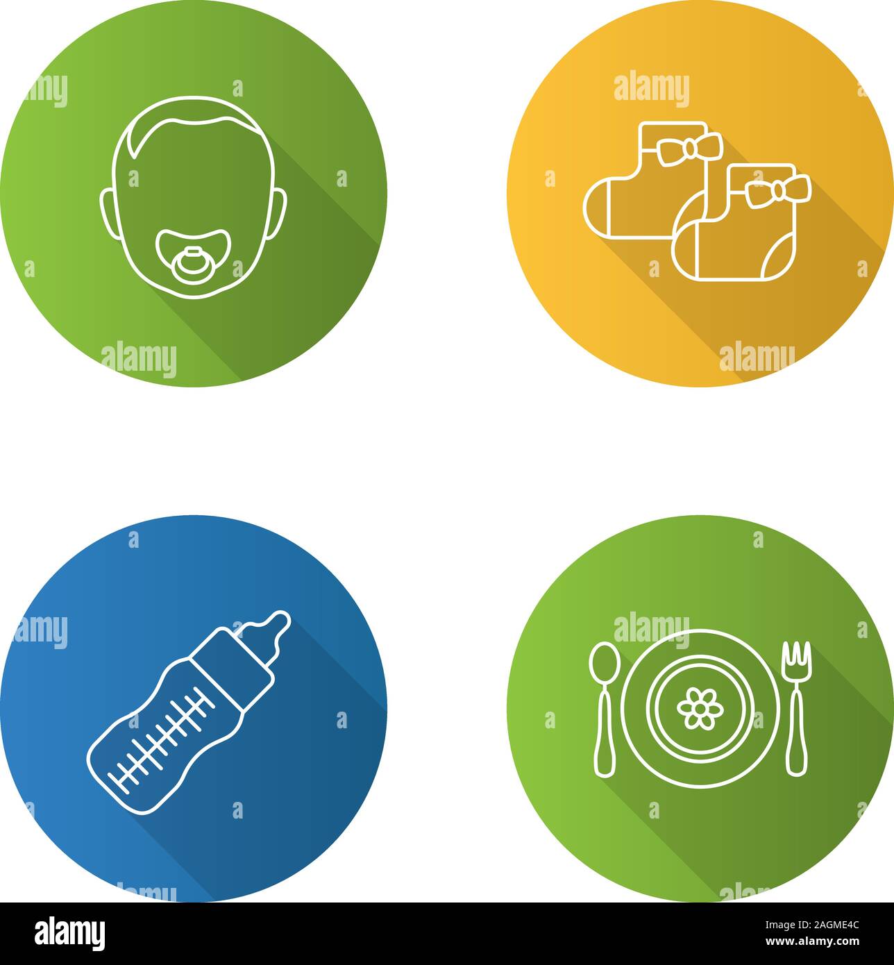 Télévision garde d'ombre portée de l'ensemble des icônes de linéaire. Visage de bébé avec tétine, biberon, chaussettes fille, enfant assiette, fourchette et cuillère. Contour vectoriel illustra Illustration de Vecteur