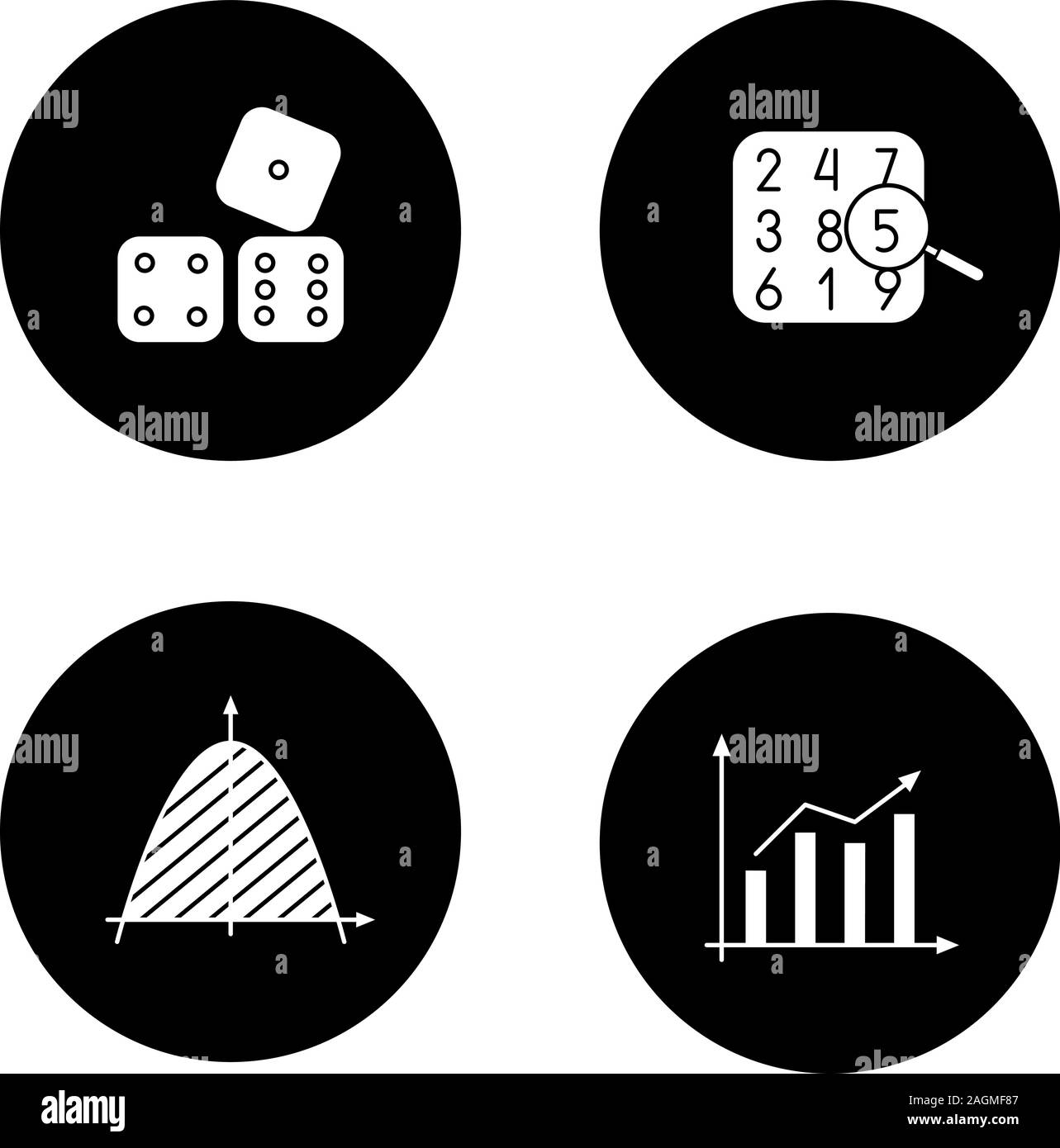 Glyphe de mathématiques icons set. Théorie des nombres, des statistiques, système de coordonnées, dés. Vector silhouettes blanc illustrations de cercles noirs Illustration de Vecteur