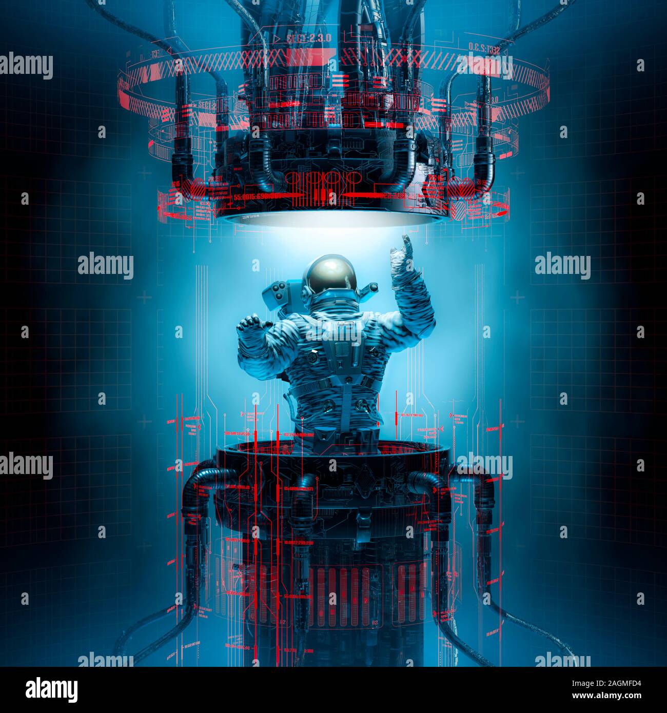 Principes de base teleportation / 3D illustration de l'astronaute qui sortent d'obscurité futuriste des machines complexes portail de téléportation Banque D'Images