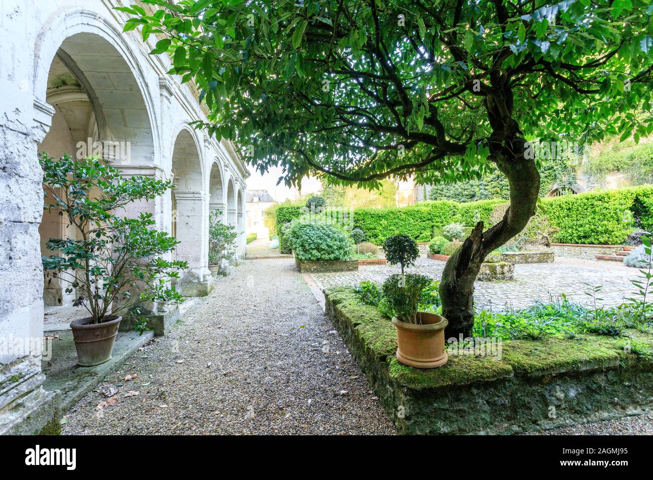 France, Sarthe, vallée du Loir, Ponce sur le Loir, Chateau de Ponce gardens, patio et galerie à l'Italienne // France, Sarthe (72), vallée du Loir, Poncé-sur- Banque D'Images