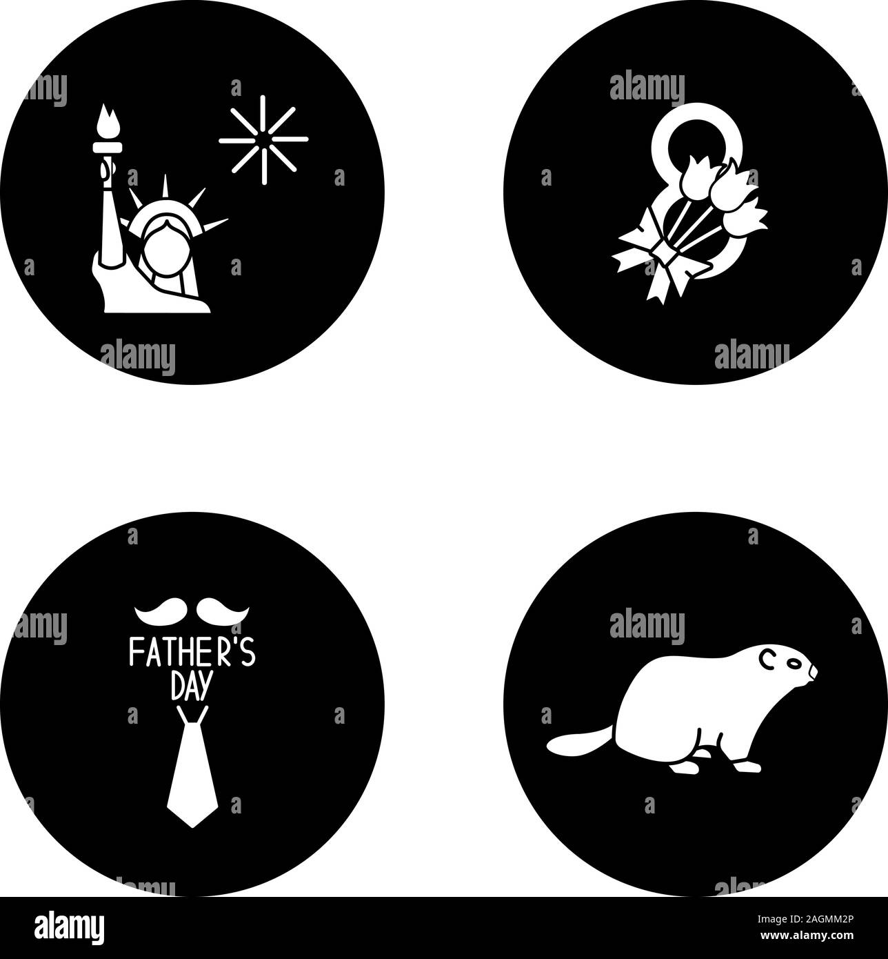 Glyphe vacances icons set. Juillet 4th, père et de jours de la marmotte, 8 mars. Vector silhouettes blanc illustrations de cercles noirs Illustration de Vecteur