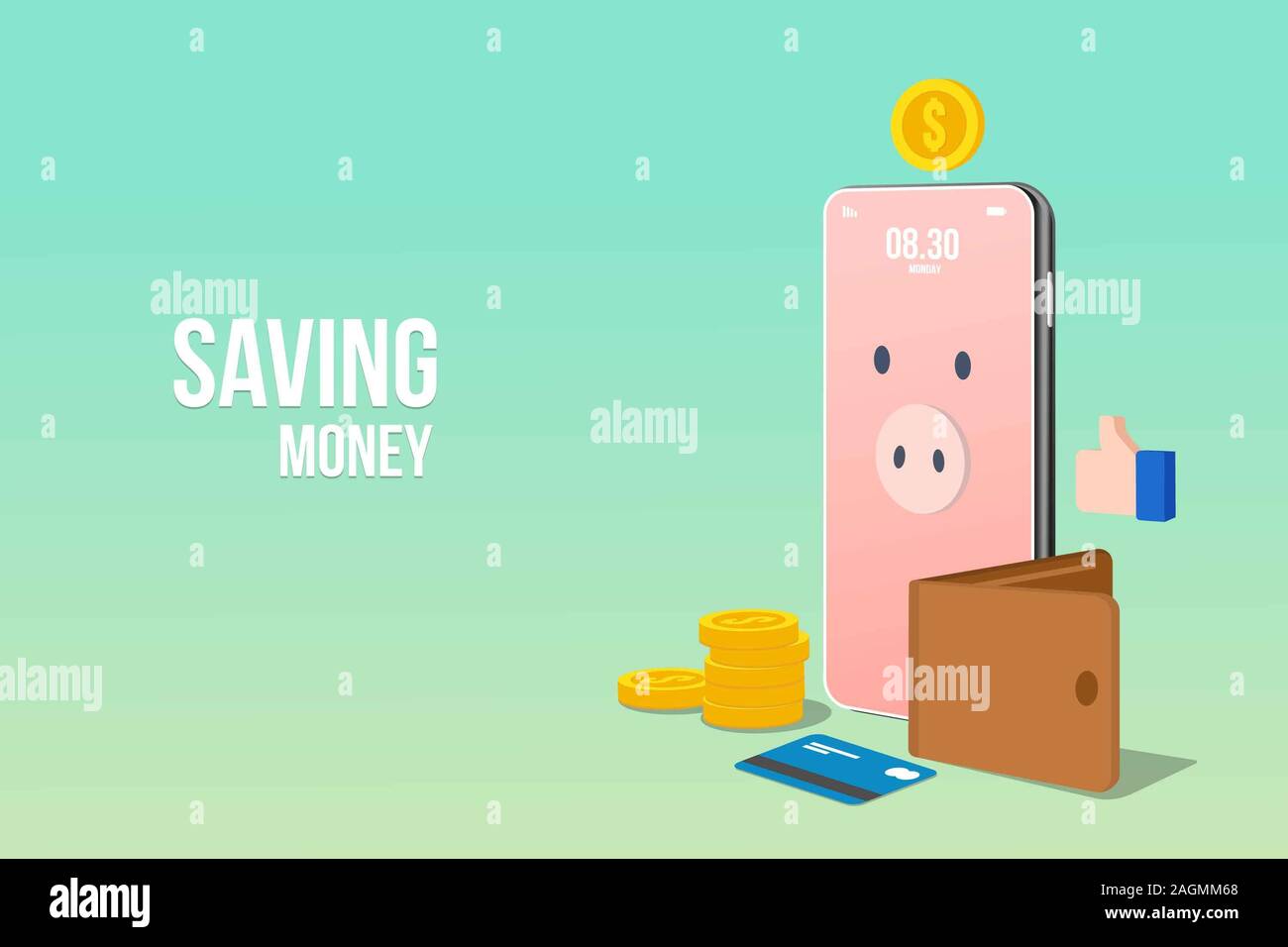 Piggy Bank et de la pièce sur le site Web ou Application Mobile Concept vecteur d'économiser de l'argent modèle plat vector illustration Banque D'Images