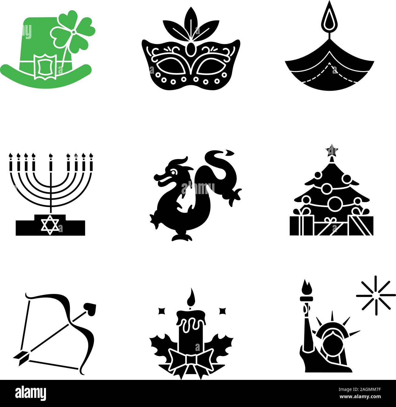 Glyphe vacances icons set. Le jour de la Saint Patrick, Mardi Gras, Diwali, la fête des Lumières, le Nouvel An Chinois, Saint-Valentin, 4 juillet, Noël. Symboles de Silhouette. Illustration de Vecteur