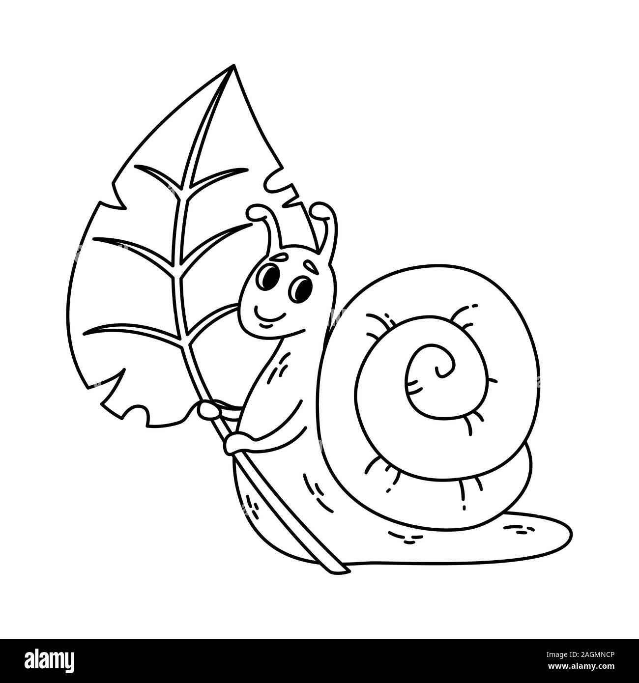 Snail tenant une feuille. Mignon vecteur illustration isolé sur fond blanc. Kids illustration de belles limaces avec shell. Décrire l'illustration pour la co Illustration de Vecteur