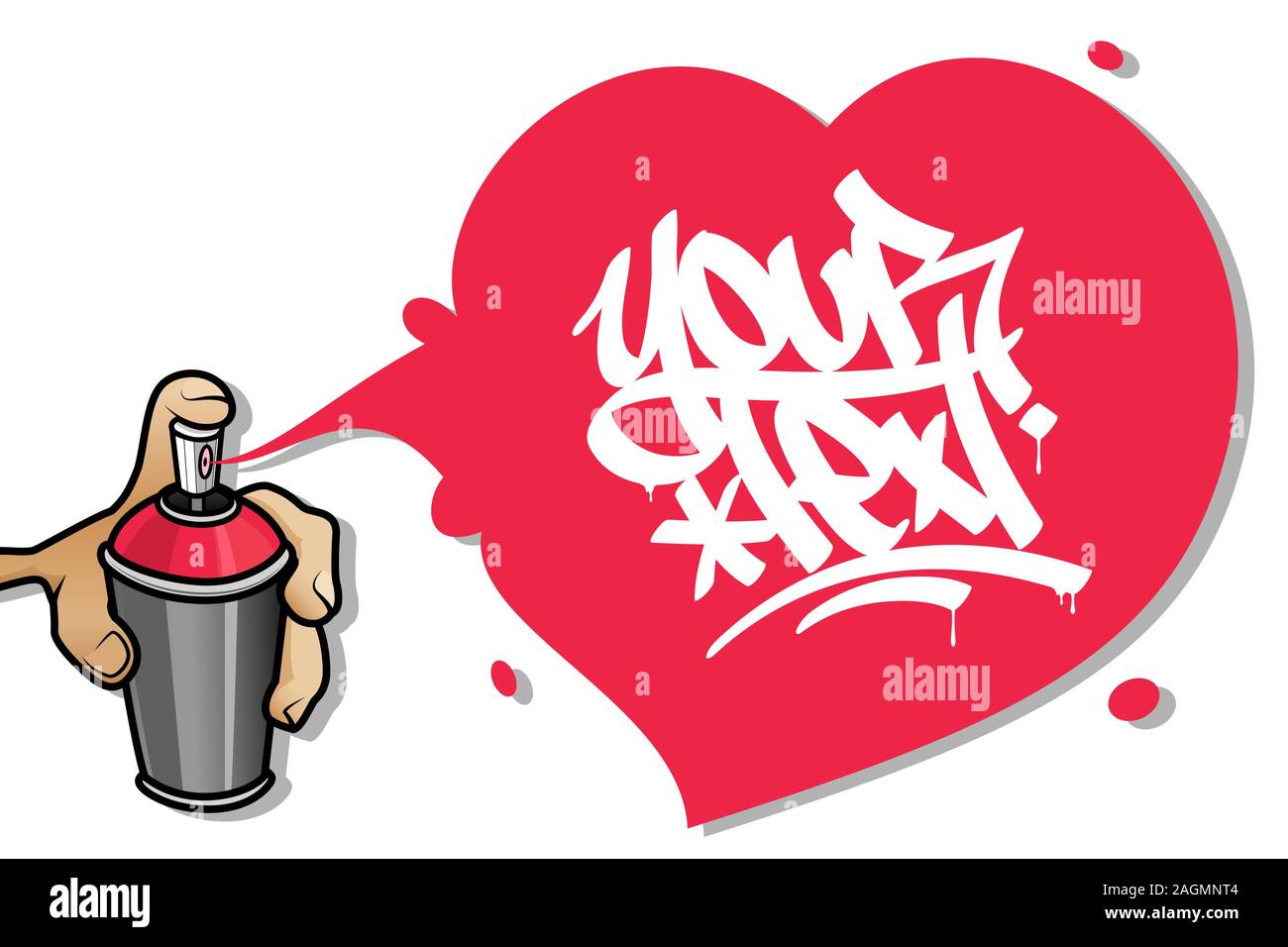 Cartoon main tenant un aérosol pulvérisant une peinture graffiti coeur bannière de texte. Valentines Day vector illustration isolé sur fond blanc. Illustration de Vecteur