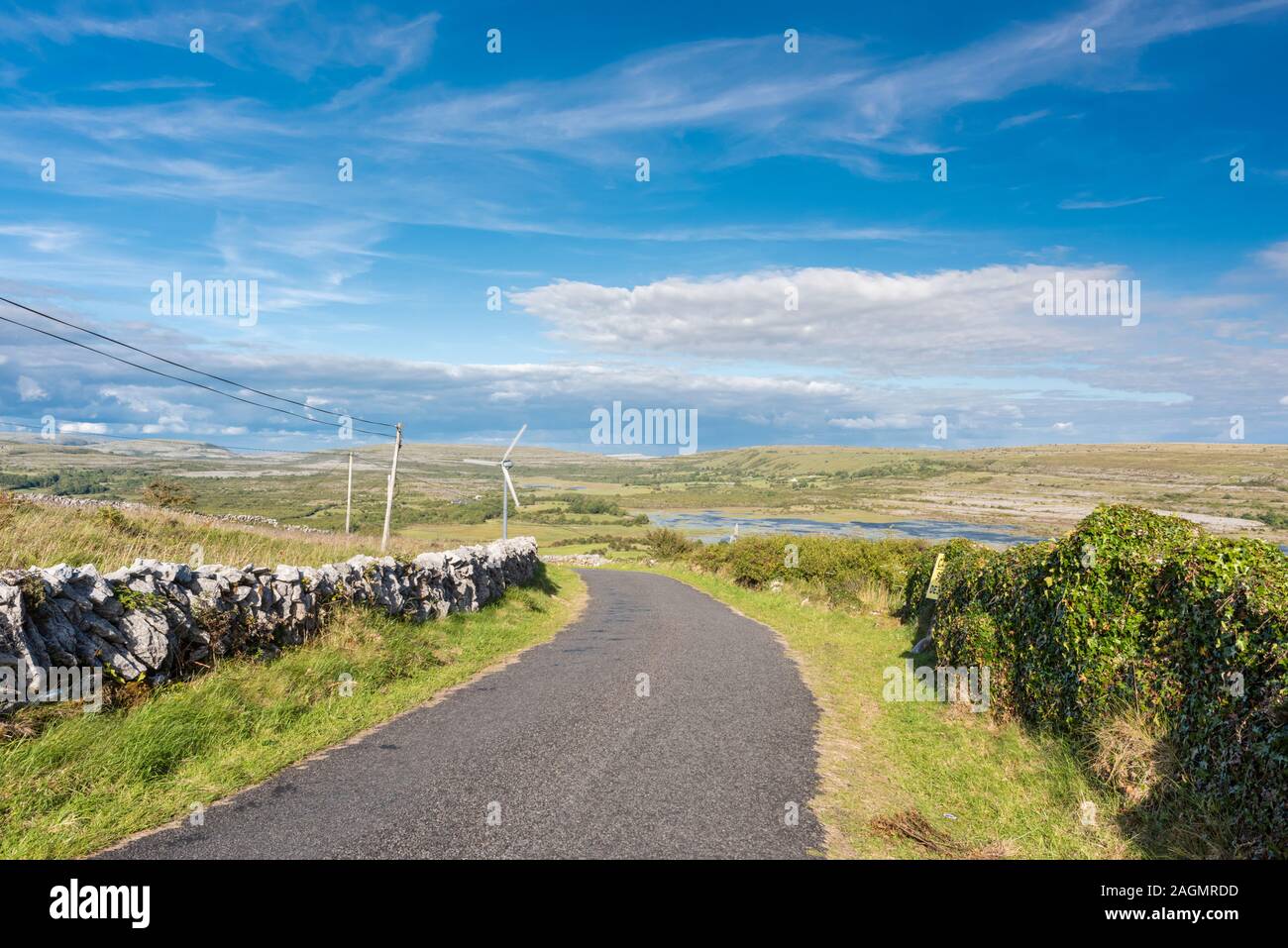 Route de campagne dans le Burren, Comté de Clare, Irlande avec la dépression de Carran, une énorme doline ou dépression karstique avec un turlough (lac éphémère) Banque D'Images