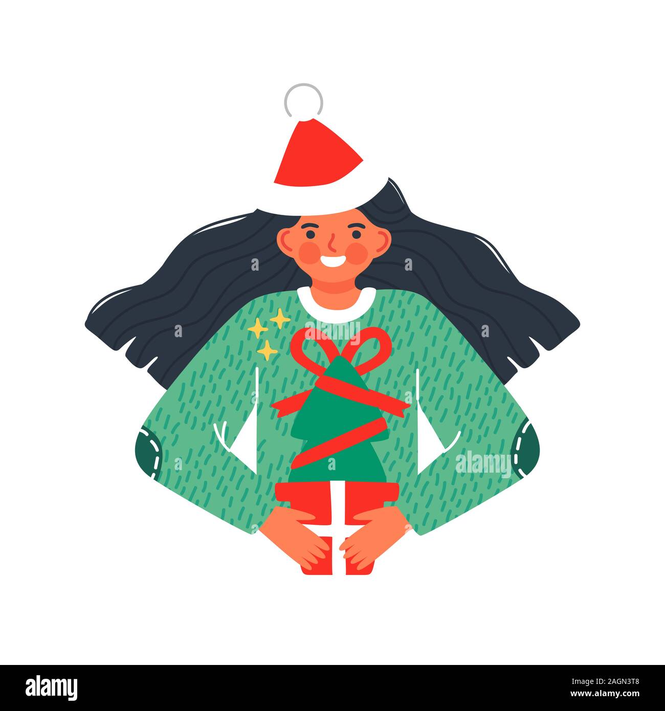 Happy Christmas girl holding pine tree pour cadeau eco friendly holiday concept. Enfants Cute cartoon caractère portant santa claus hat sur pentecôte isolés Illustration de Vecteur