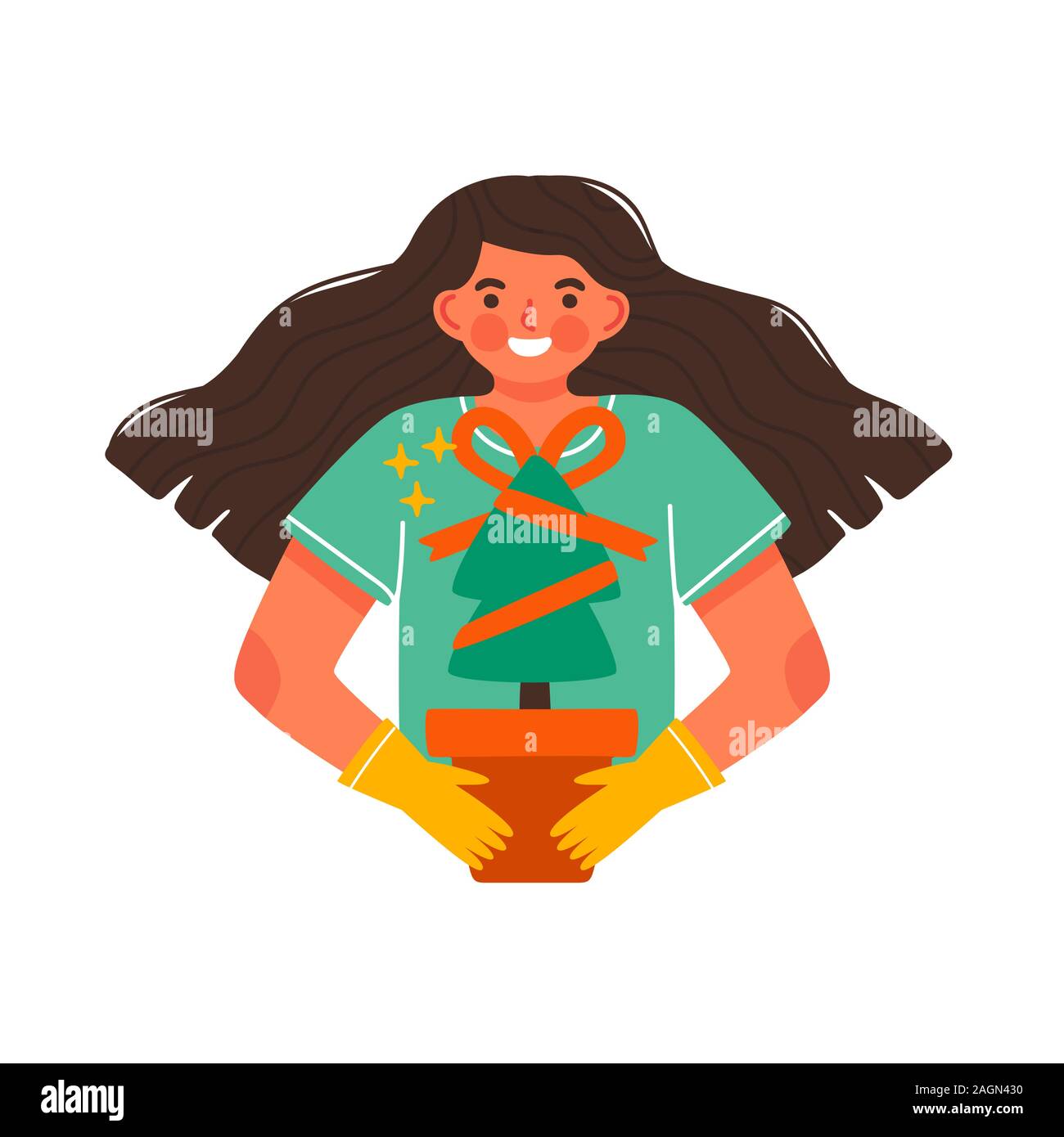 Happy girl kid holding potted plant tree pour cadeau eco friendly concept, maison de vacances naturelles présente l'illustration. Enfants Cute cartoon caractère sur Isola Illustration de Vecteur