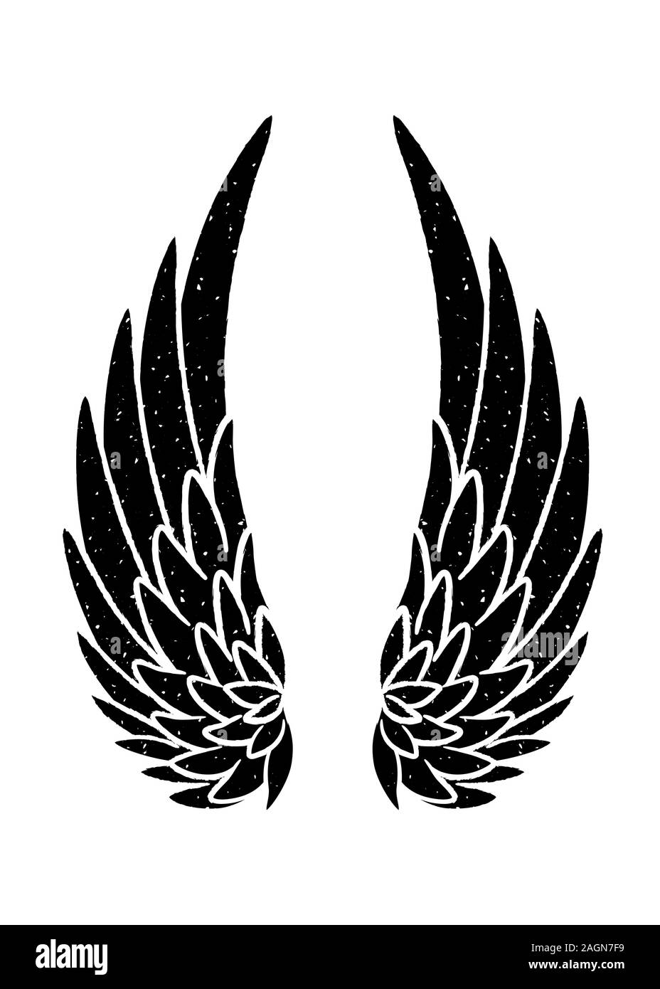 Oiseaux ou ange dessinés à la main grunge ailes de flopping texturées. Silhouette d'ailes dessinées à la main pour les imprimés de t-shirt, le motif de tatoo, l'affiche de style vintage. Illustration de Vecteur